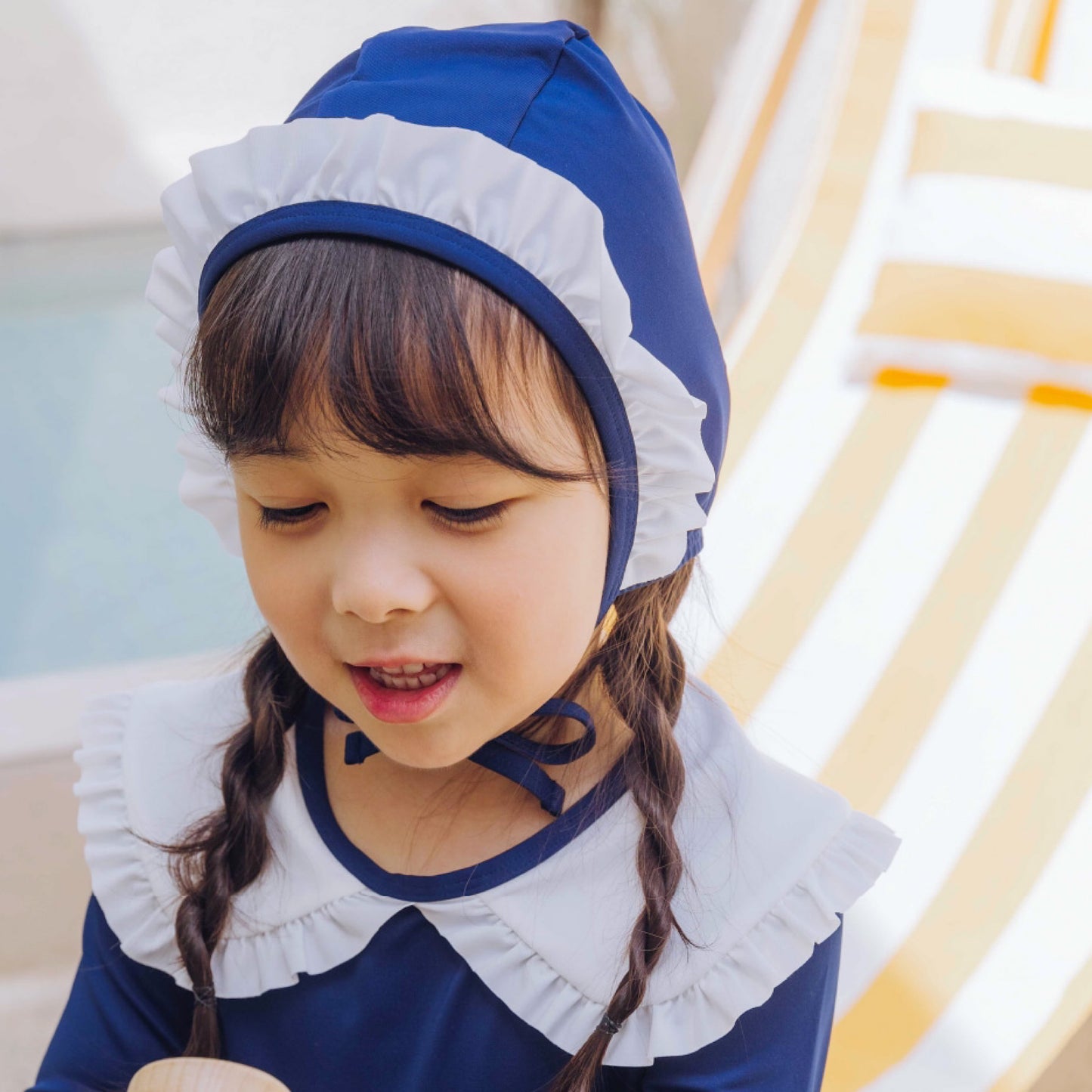 (Pre-order) KoongsKoongs Kids’ Premium Chouchou Ruffle Rash Guard Dress Set (Navy)
