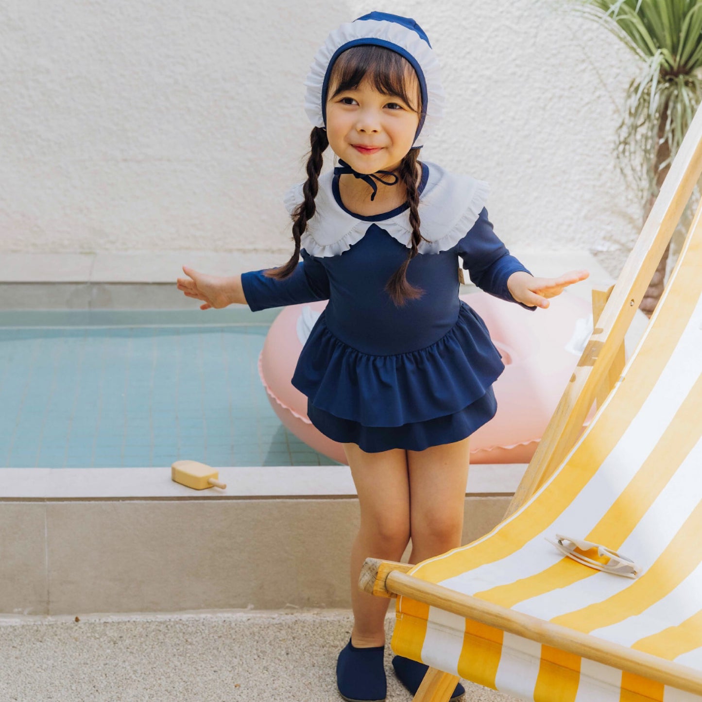 (Pre-order) KoongsKoongs Kids’ Premium Chouchou Ruffle Rash Guard Dress Set (Navy)