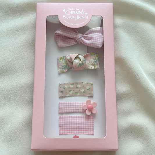 (Chenny Bong Bong) Kids’ Blossom Pink Gingham Hair Clips 4-piece Set