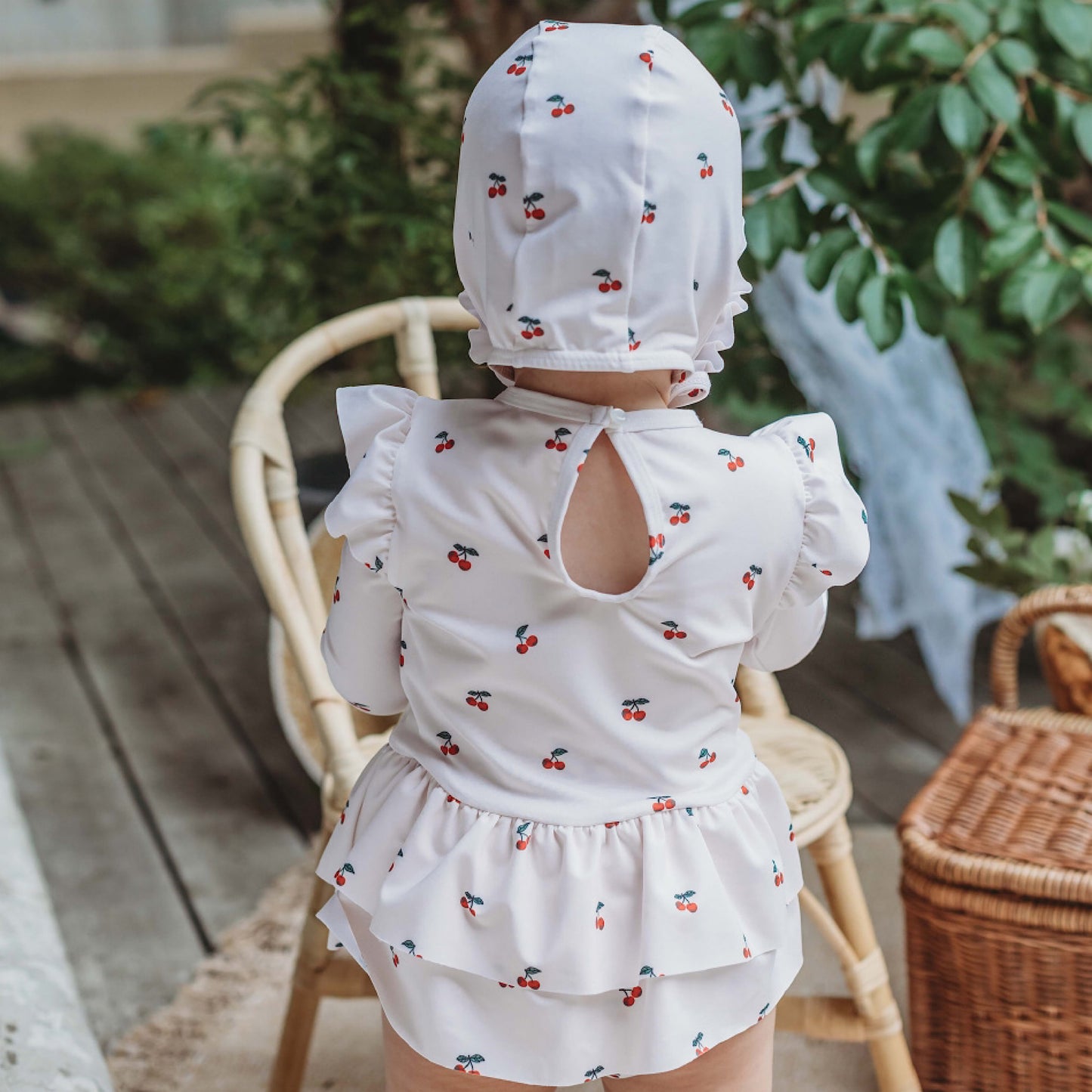 (Pre-order) KoongsKoongs Kids’ Premium Le Cherry Ruffle Rash Guard Dress Set (Ivory)