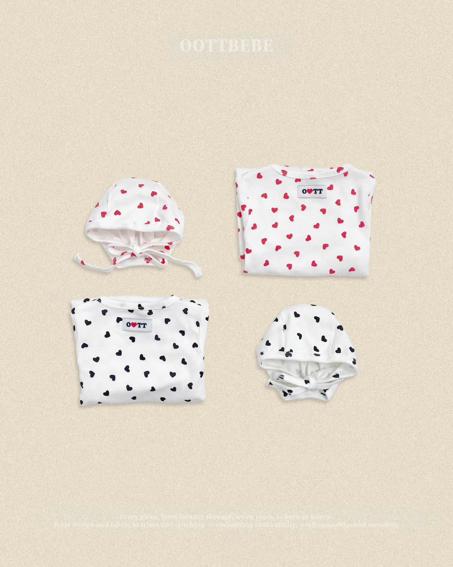 (Pre-order) OOTTBEBE Fall - Petite Heart Romper & Bonnet Set 쁘띠하트슈트세트 (2 Colors)