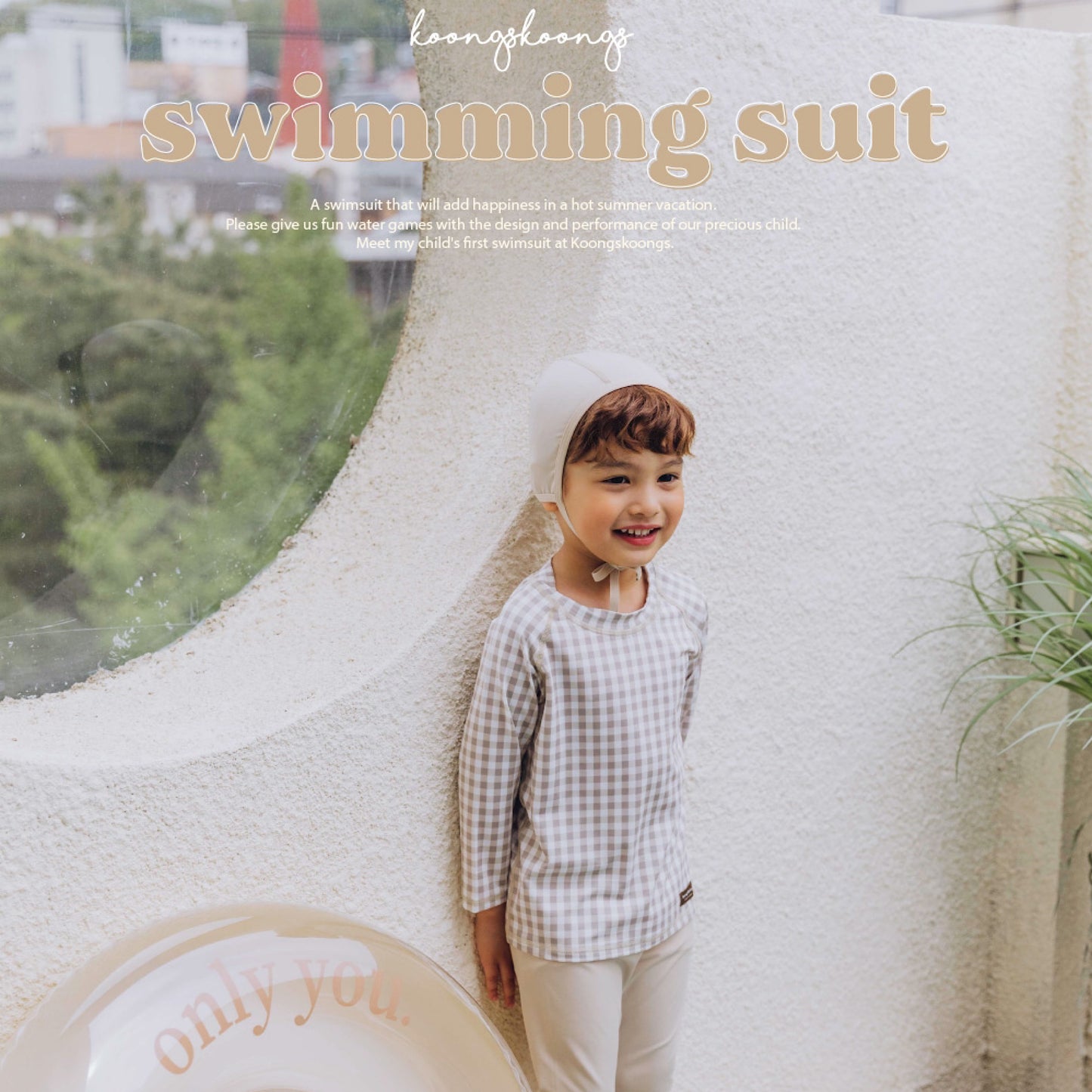 (Pre-order) KoongsKoongs Kids’ Premium Top & Bottom Beige Check Rashguard Set