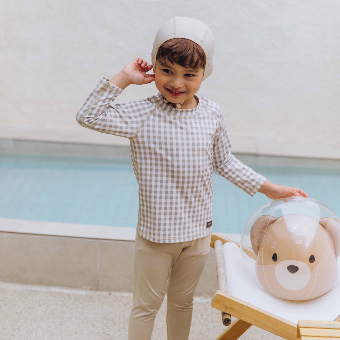 (Pre-order) KoongsKoongs Kids’ Premium Top & Bottom Beige Check Rashguard Set