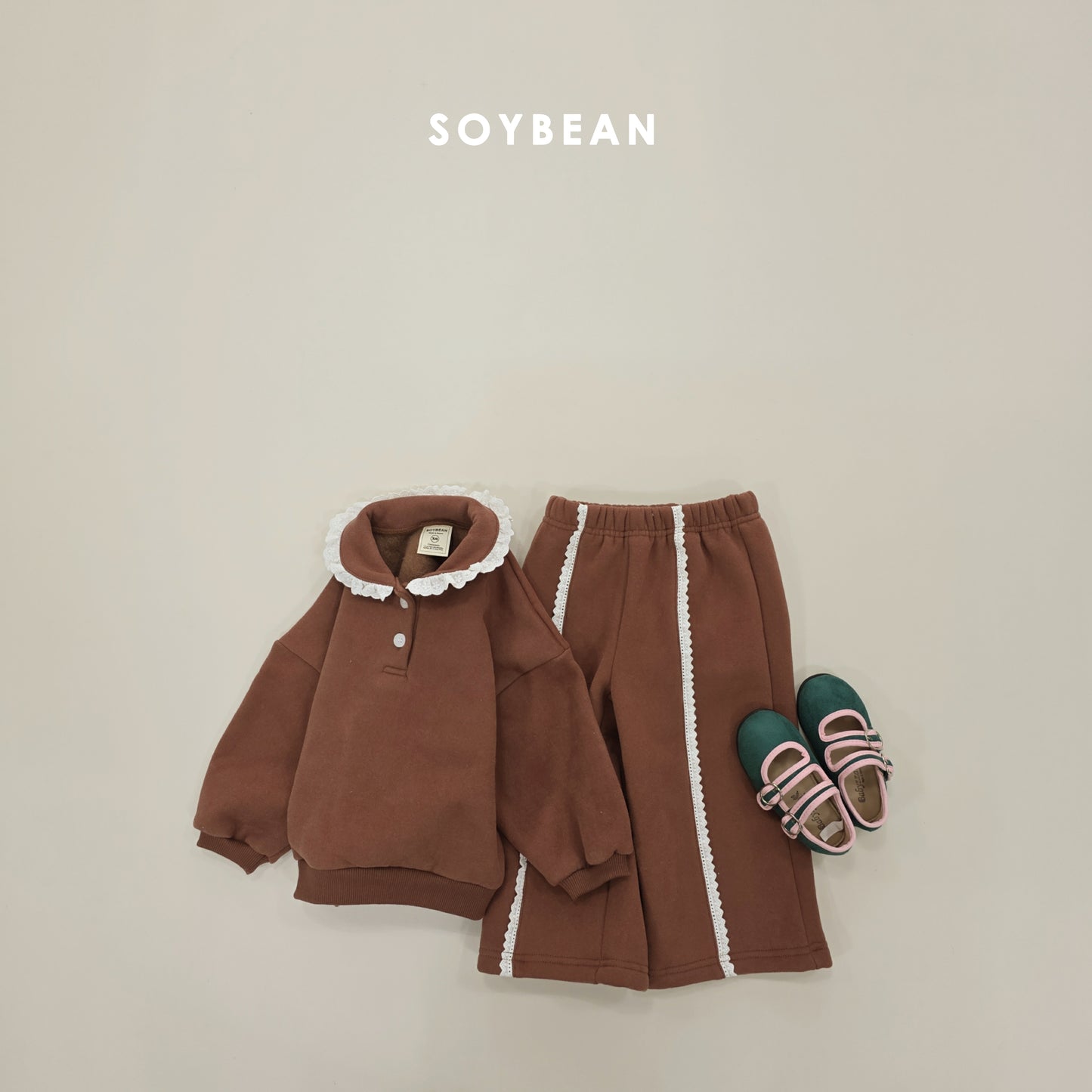 (Pre-order) Soybean Kids Winter - Collar Frill Fleece-Lined Top & Bottom Set 카라프릴양기모상하 (2 Colors)