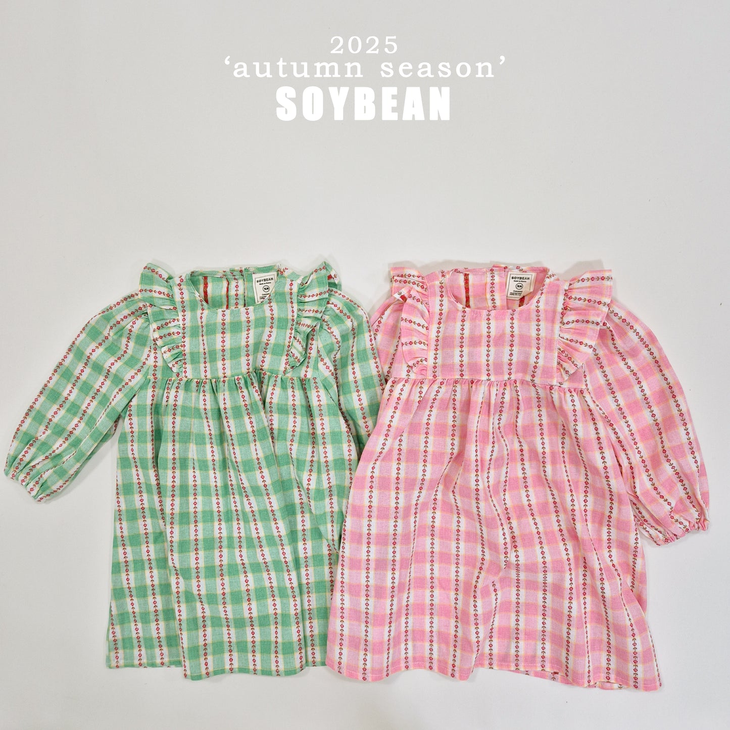(Pre-order) Soybean Kids - Check Flower Embroidery Dress 체크플라워원피스 (2 Colors)