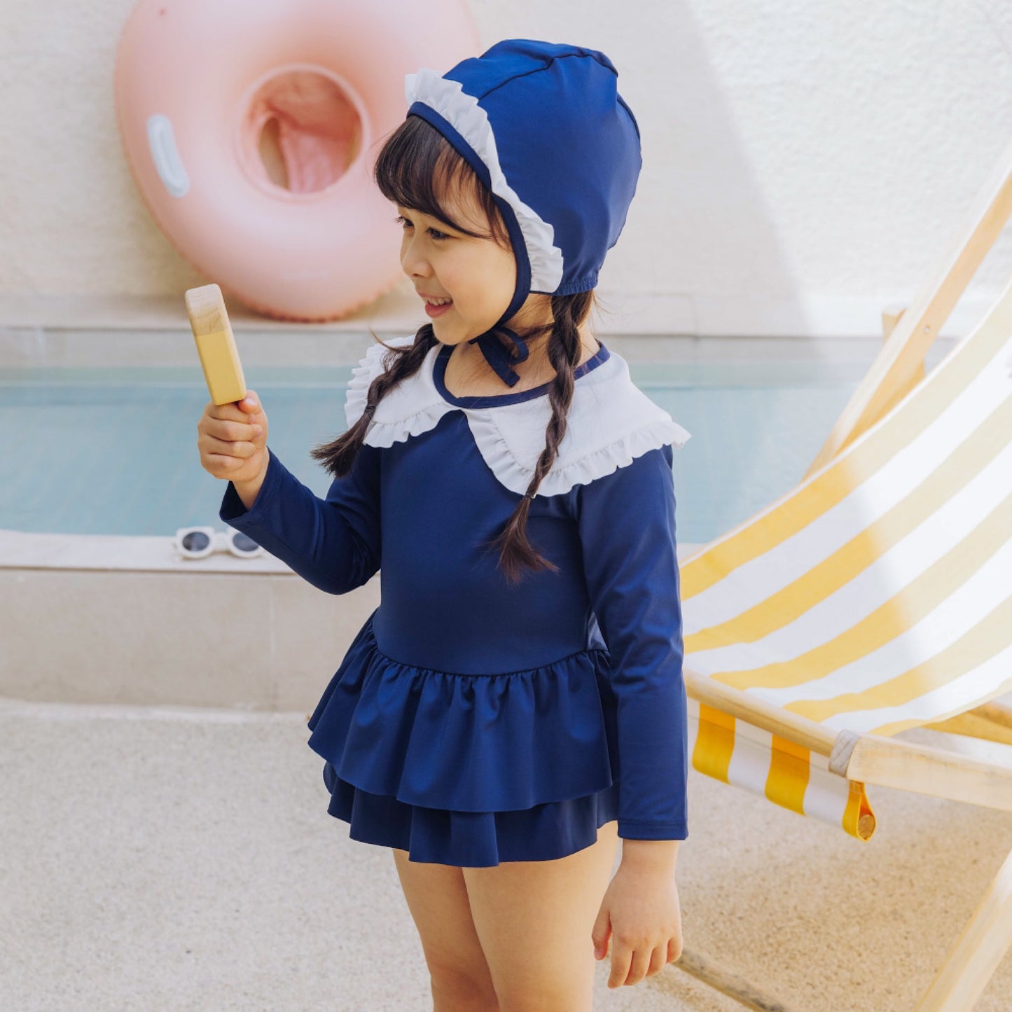 (Pre-order) KoongsKoongs Kids’ Premium Chouchou Ruffle Rash Guard Dress Set (Navy)