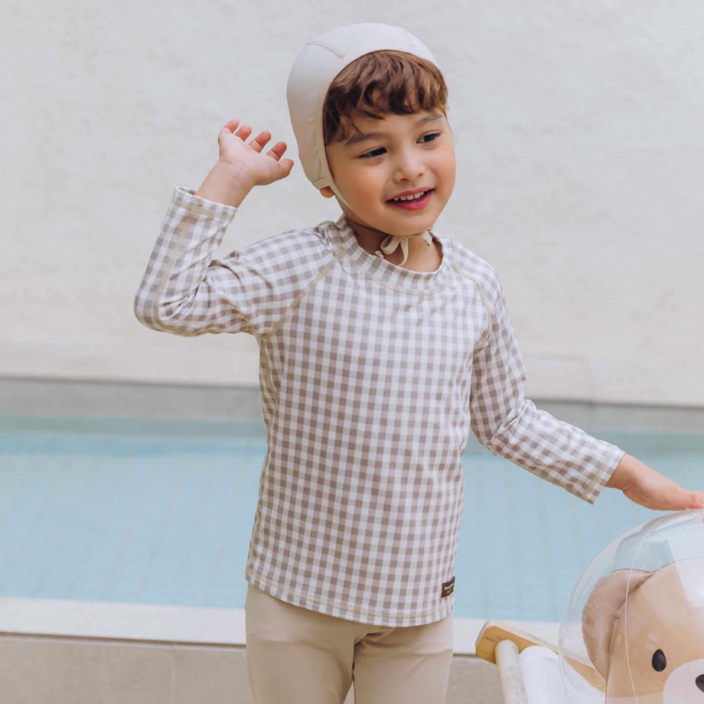 (Pre-order) KoongsKoongs Kids’ Premium Top & Bottom Beige Check Rashguard Set