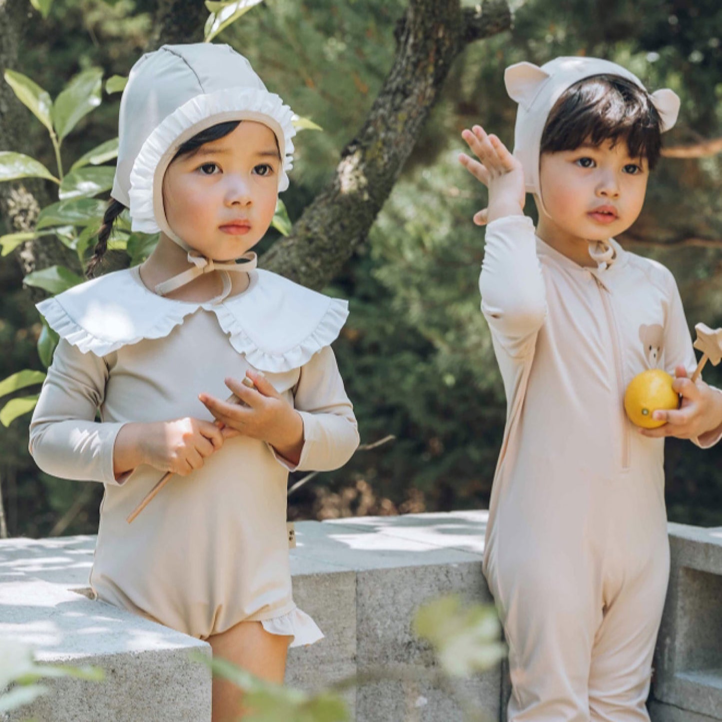 (Pre-order) KoongsKoongs Kids’ Premium Chouette One-piece Rash Guard Dress Set (Beige)