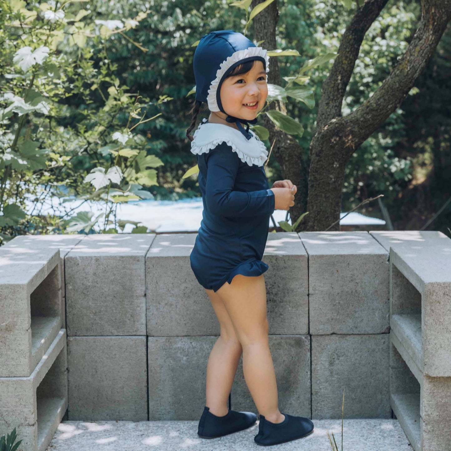 (Pre-order) KoongsKoongs Kids’ Premium Chouette One-piece Rash Guard Dress Set (Navy)