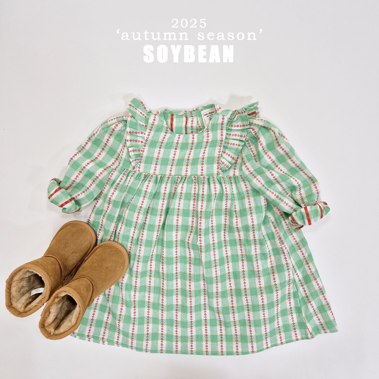 (Pre-order) Soybean Kids - Check Flower Embroidery Dress 체크플라워원피스 (2 Colors)