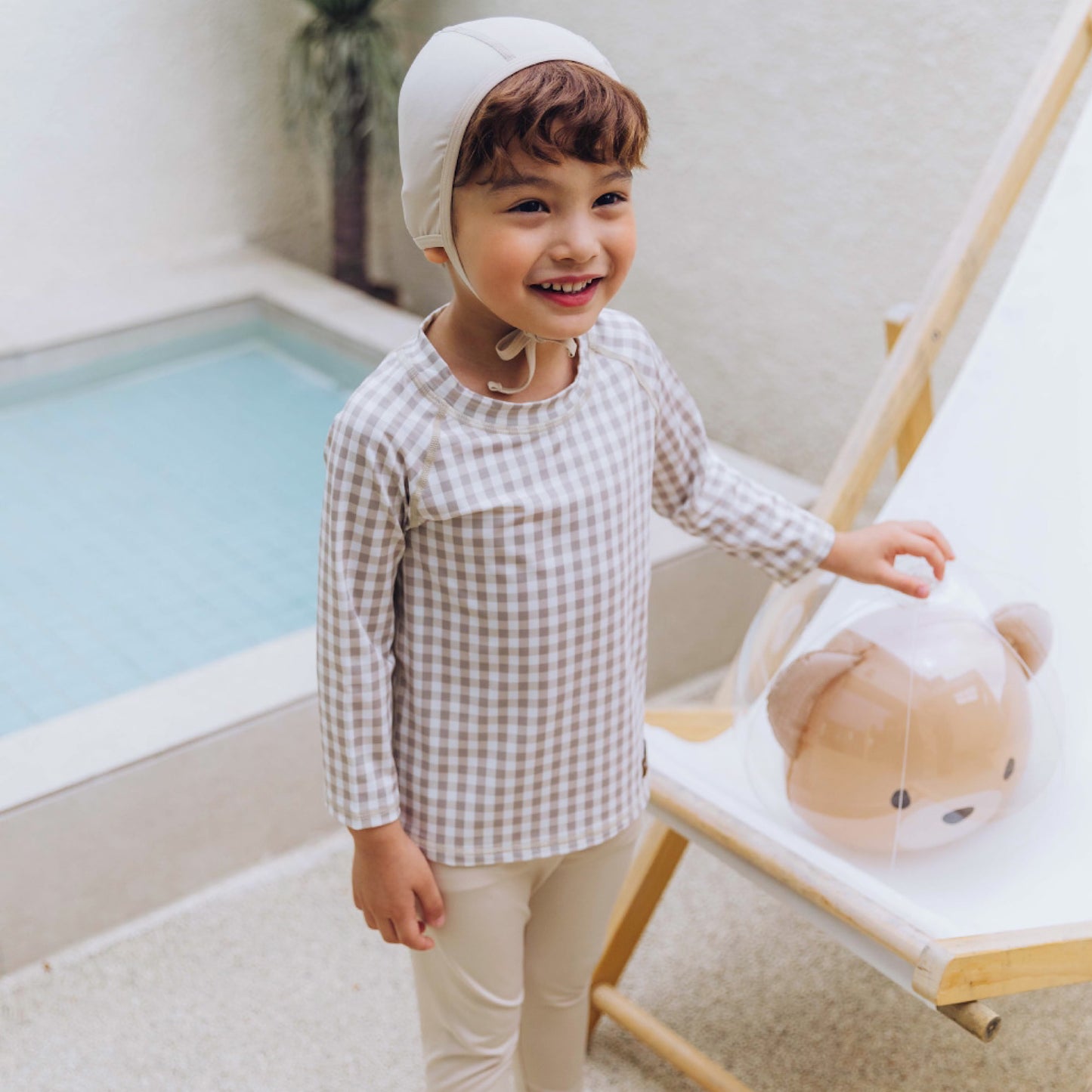 (Pre-order) KoongsKoongs Kids’ Premium Top & Bottom Beige Check Rashguard Set