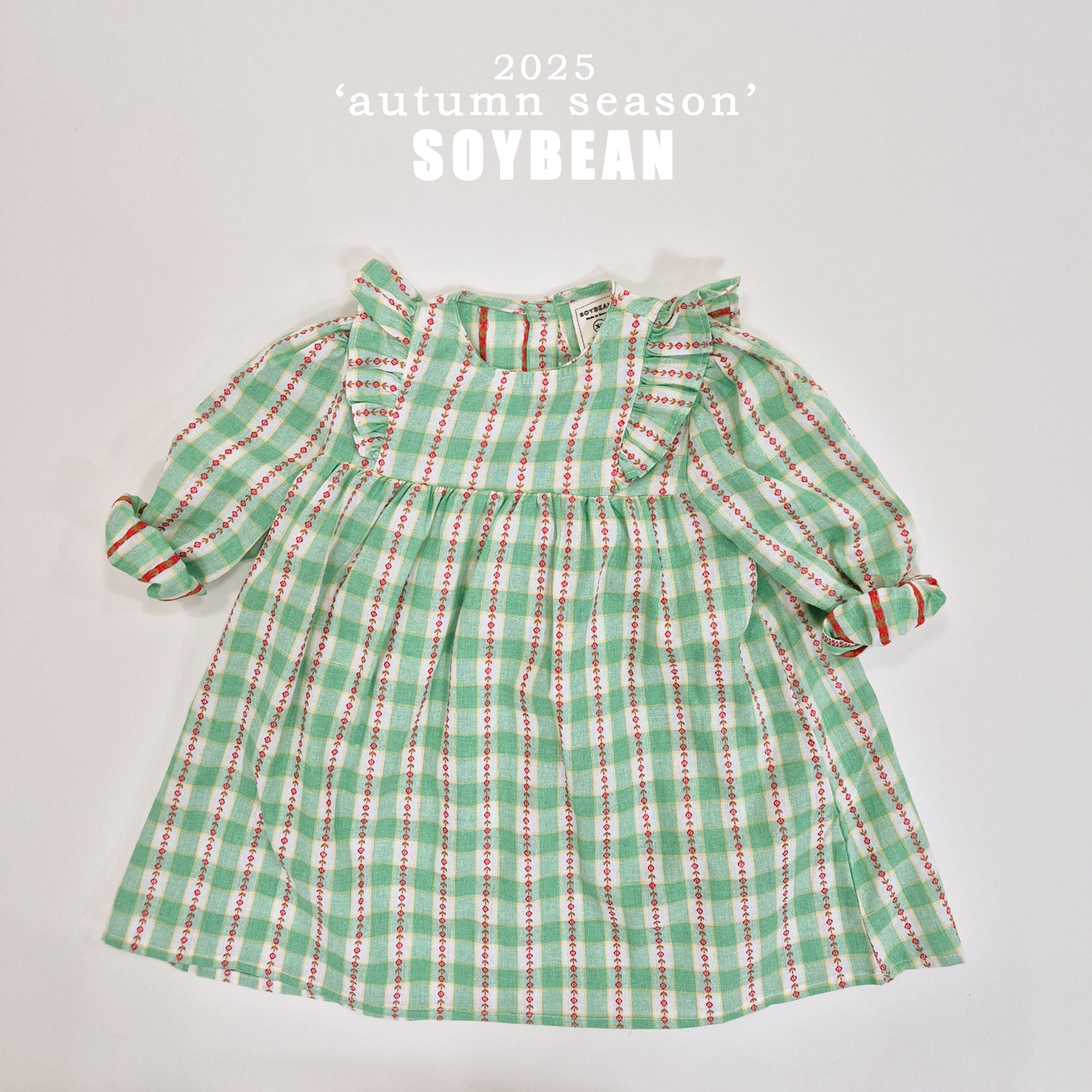 (Pre-order) Soybean Kids - Check Flower Embroidery Dress 체크플라워원피스 (2 Colors)
