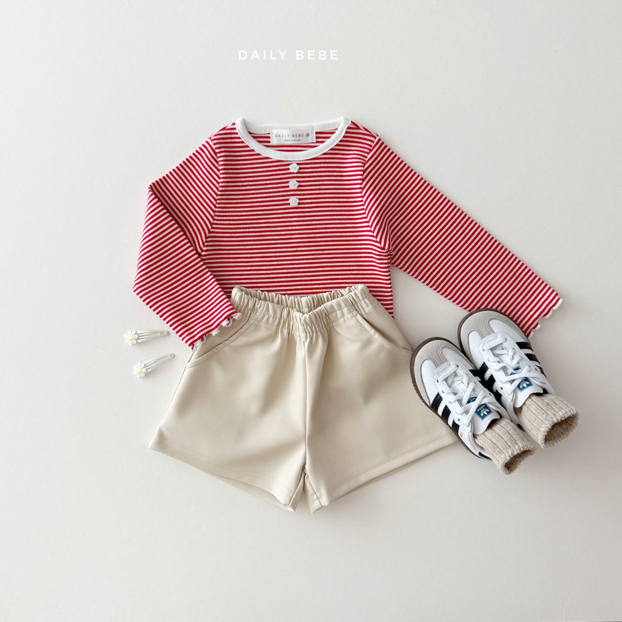 (Pre-order) Daily Bebe - Kids' Button Stripe Tee 줄가라단추티 (2 Colors)