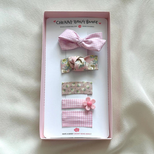(Chenny Bong Bong) Kids’ Blossom Pink Gingham Hair Clips 4-piece Set