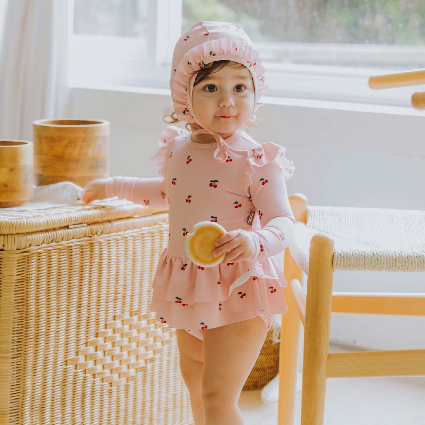 (Pre-order) KoongsKoongs Kids’ Premium Le Cherry Ruffle Rash Guard Dress Set (Pink)
