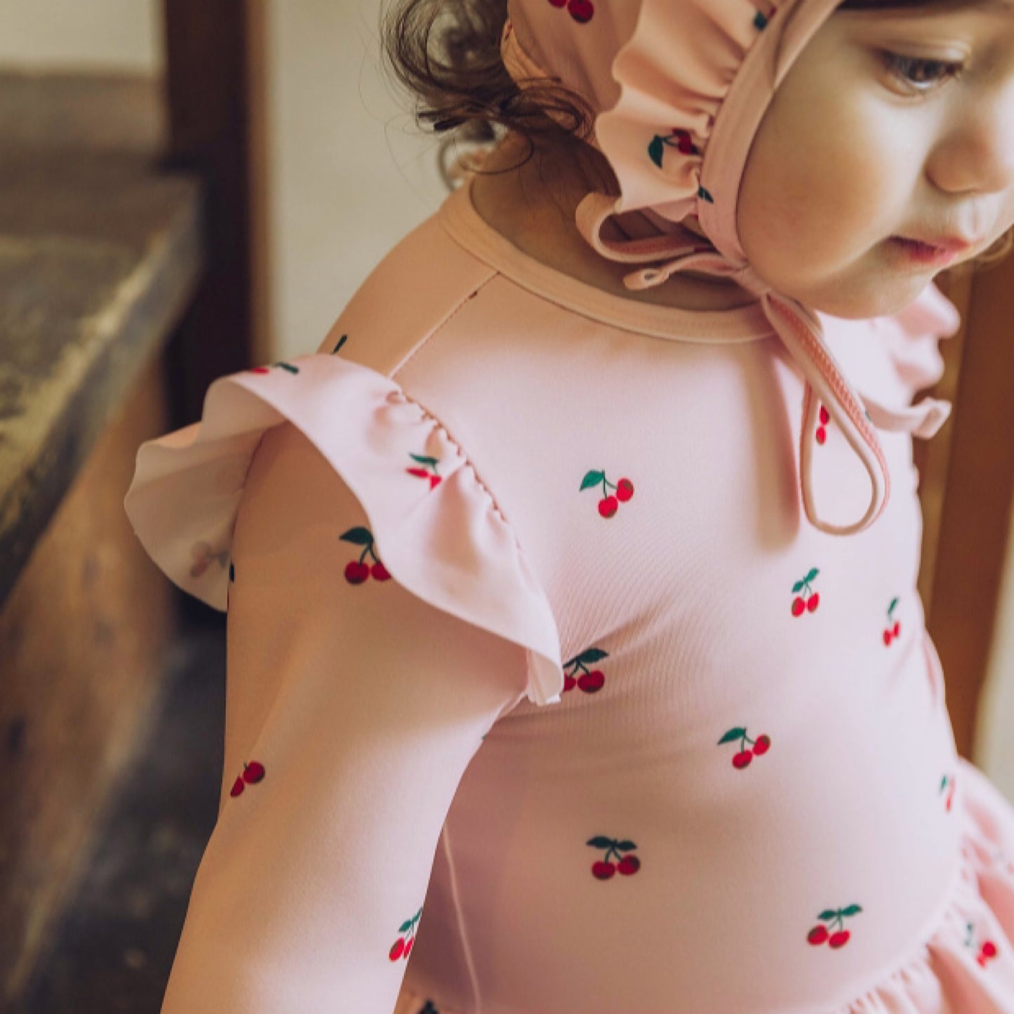 (Pre-order) KoongsKoongs Kids’ Premium Le Cherry Ruffle Rash Guard Dress Set (Pink)