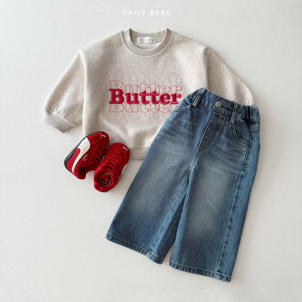 (Pre-order) Daily Bebe - Kids' Washed Wide Denim Pants 워싱 와이드 데님 팬츠 (2 Colors)