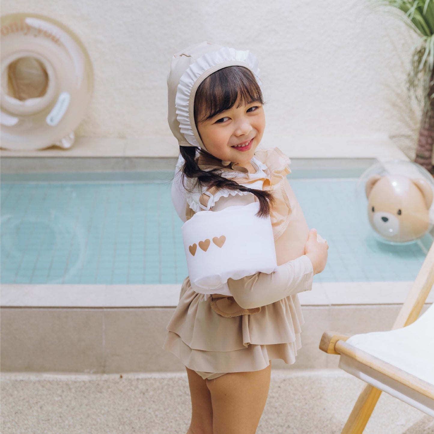 (Pre-order) KoongsKoongs Kids’ Premium Chouchou Ruffle Rash Guard Dress Set (Ivory)