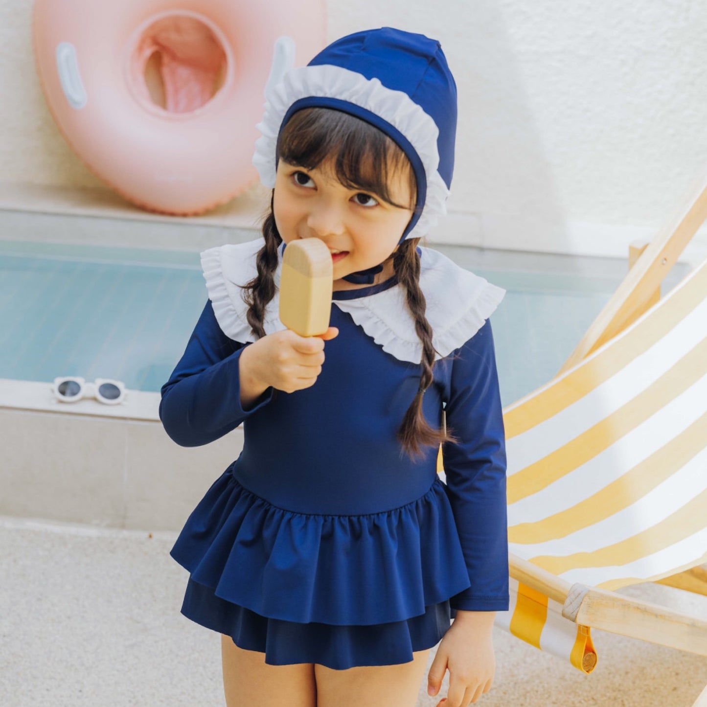 (Pre-order) KoongsKoongs Kids’ Premium Chouchou Ruffle Rash Guard Dress Set (Navy)