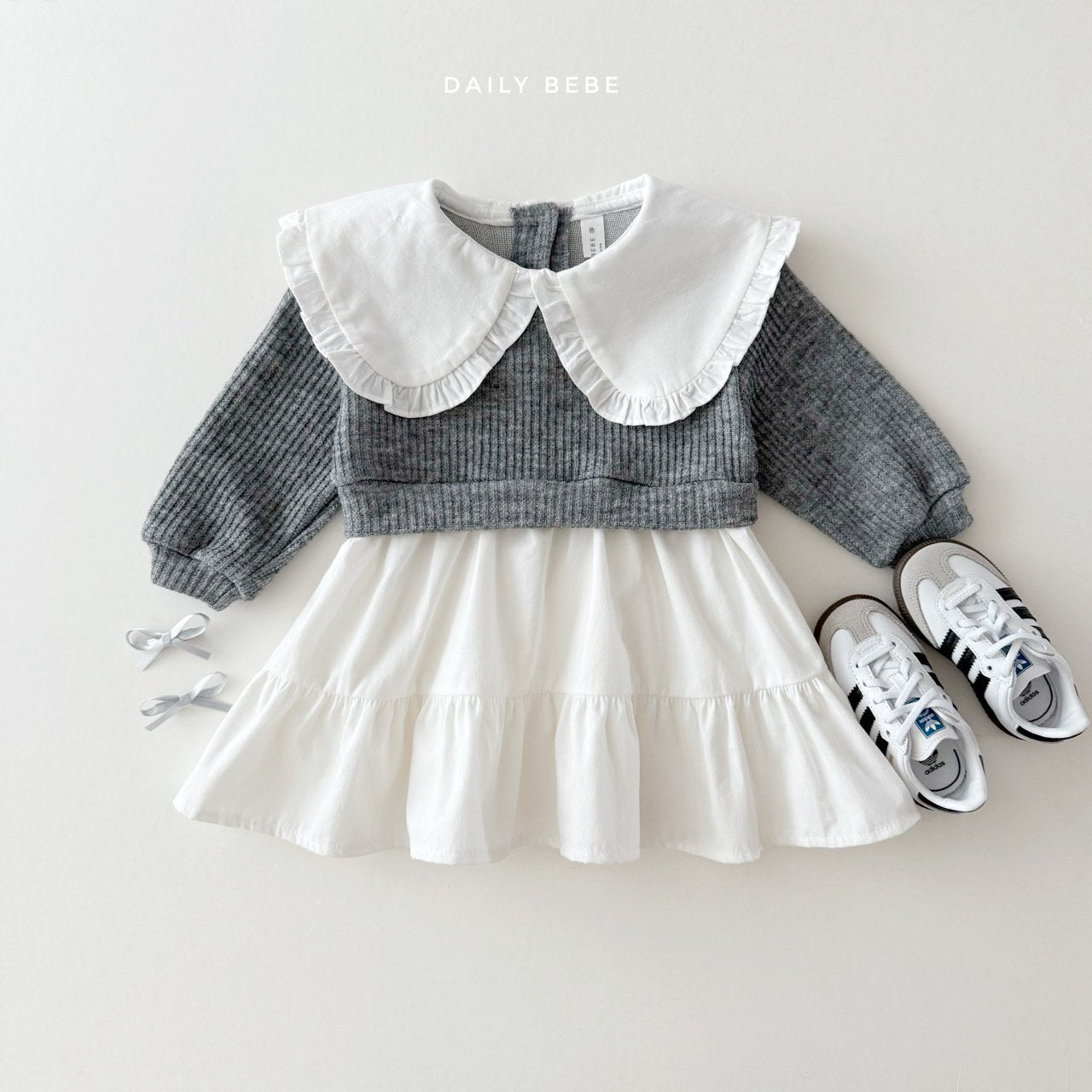 (Pre-order) Daily Bebe - Kids' Knit Collar Layered Dress 니트 배색 원피스 (2 Colors)