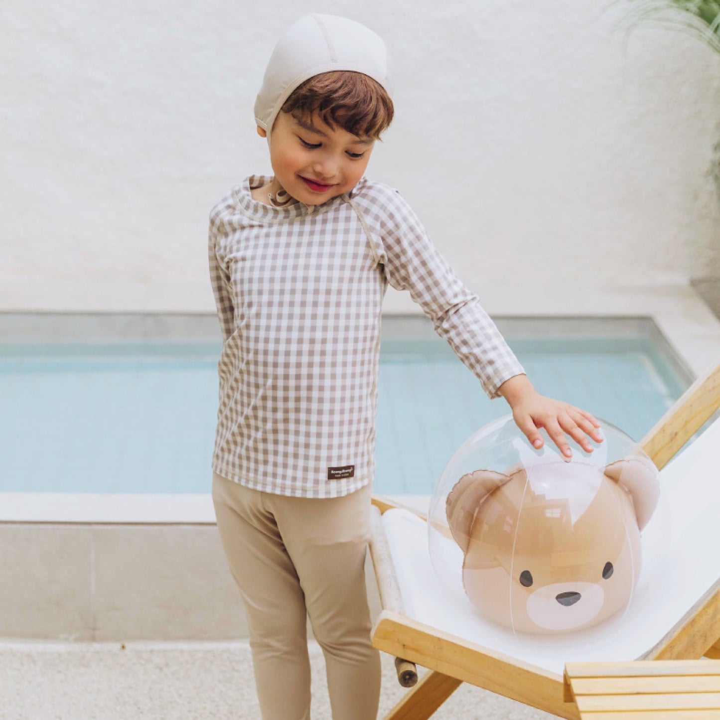 (Pre-order) KoongsKoongs Kids’ Premium Top & Bottom Beige Check Rashguard Set