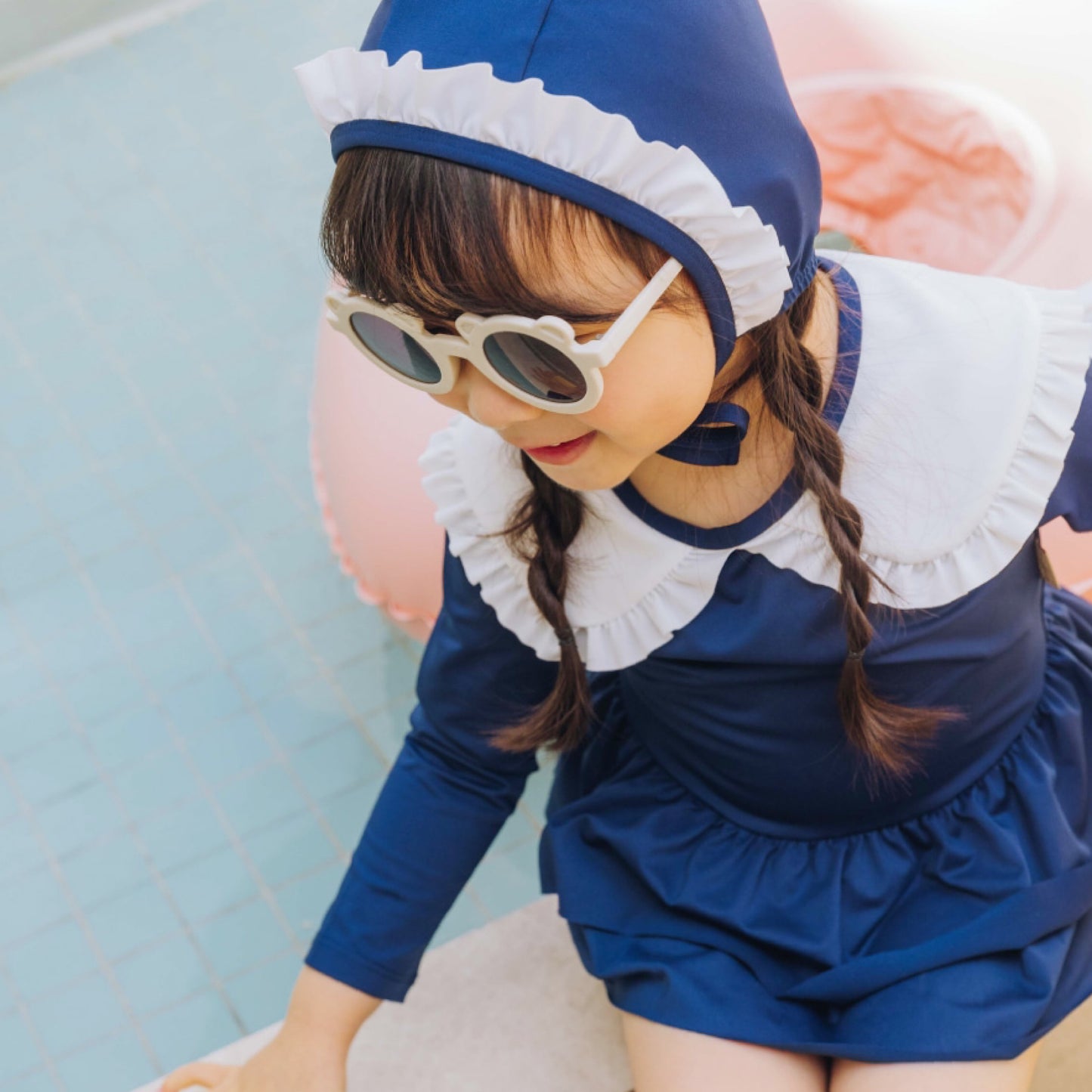 (Pre-order) KoongsKoongs Kids’ Premium Chouchou Ruffle Rash Guard Dress Set (Navy)