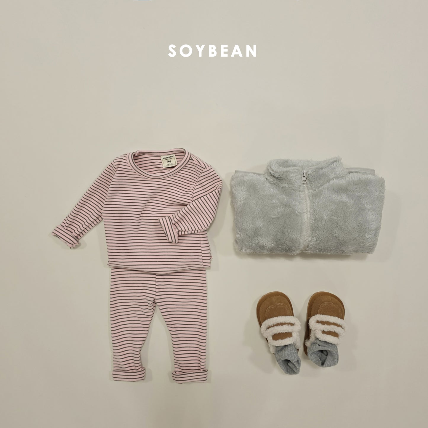 (Pre-order) Soybean Kids Winter - Soft Stripe Fleece-Lined Pajama Set 보들보들단가라실내복 (5 Colors)