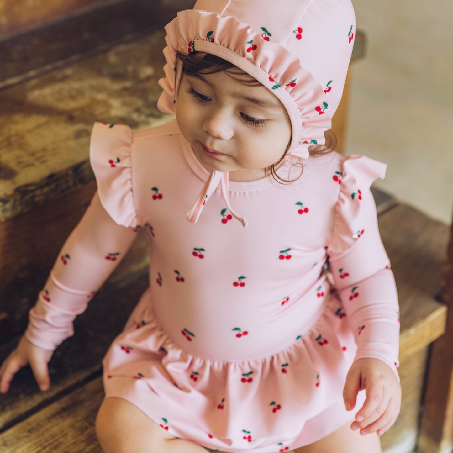 (Pre-order) KoongsKoongs Kids’ Premium Le Cherry Ruffle Rash Guard Dress Set (Pink)