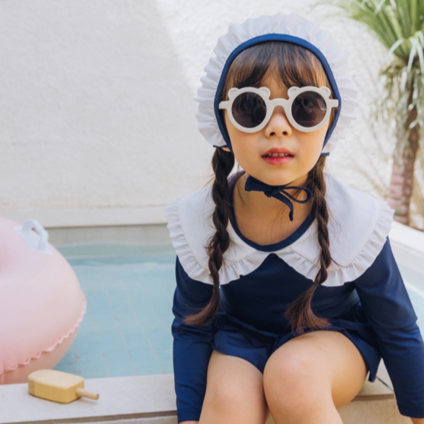 (Pre-order) KoongsKoongs Kids’ Premium Chouchou Ruffle Rash Guard Dress Set (Navy)
