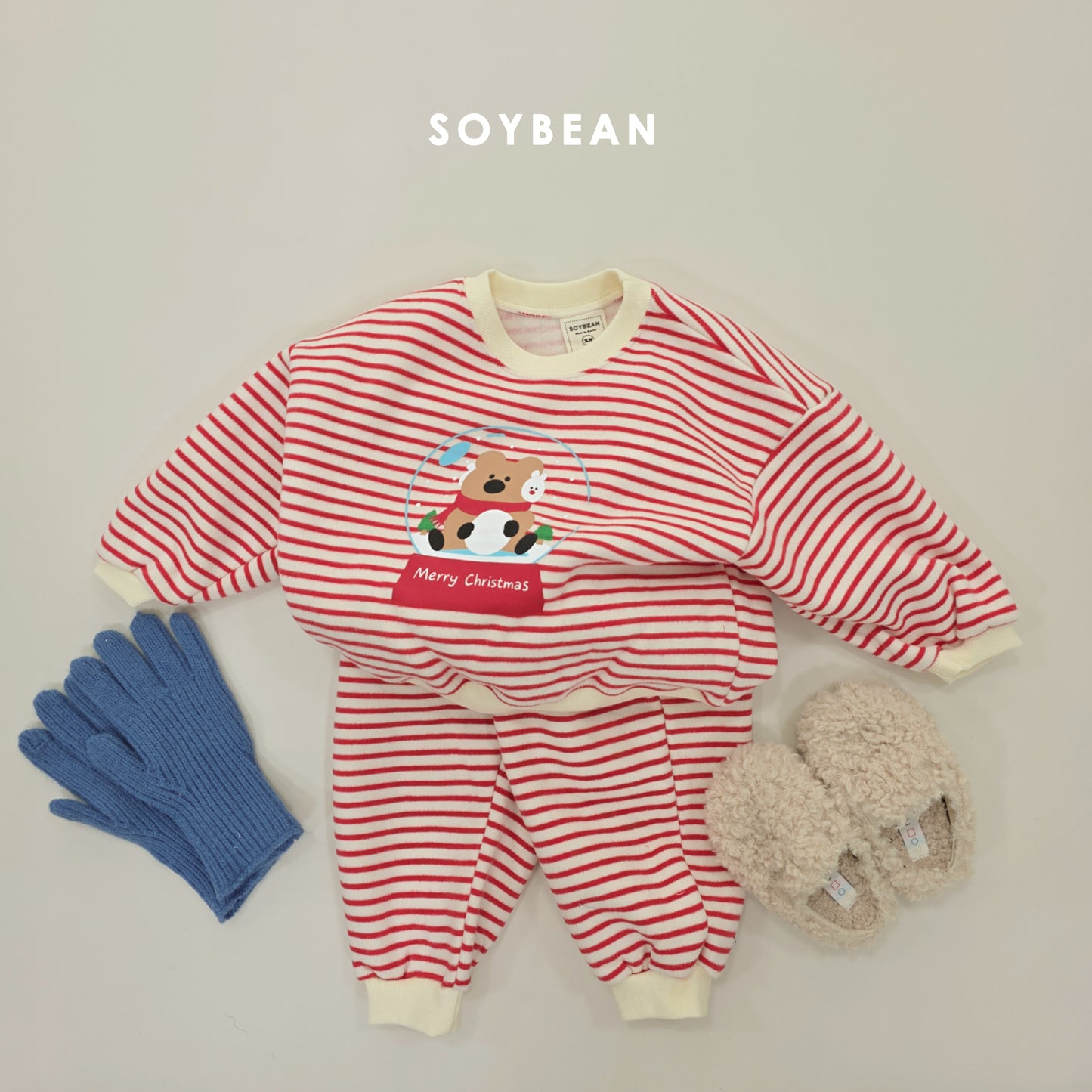 (Pre-order) Soybean Kids Winter - Snowball Stripe Fleece-Lined Top & Bottom Set 스노우볼단가라상하 (3 Colors)