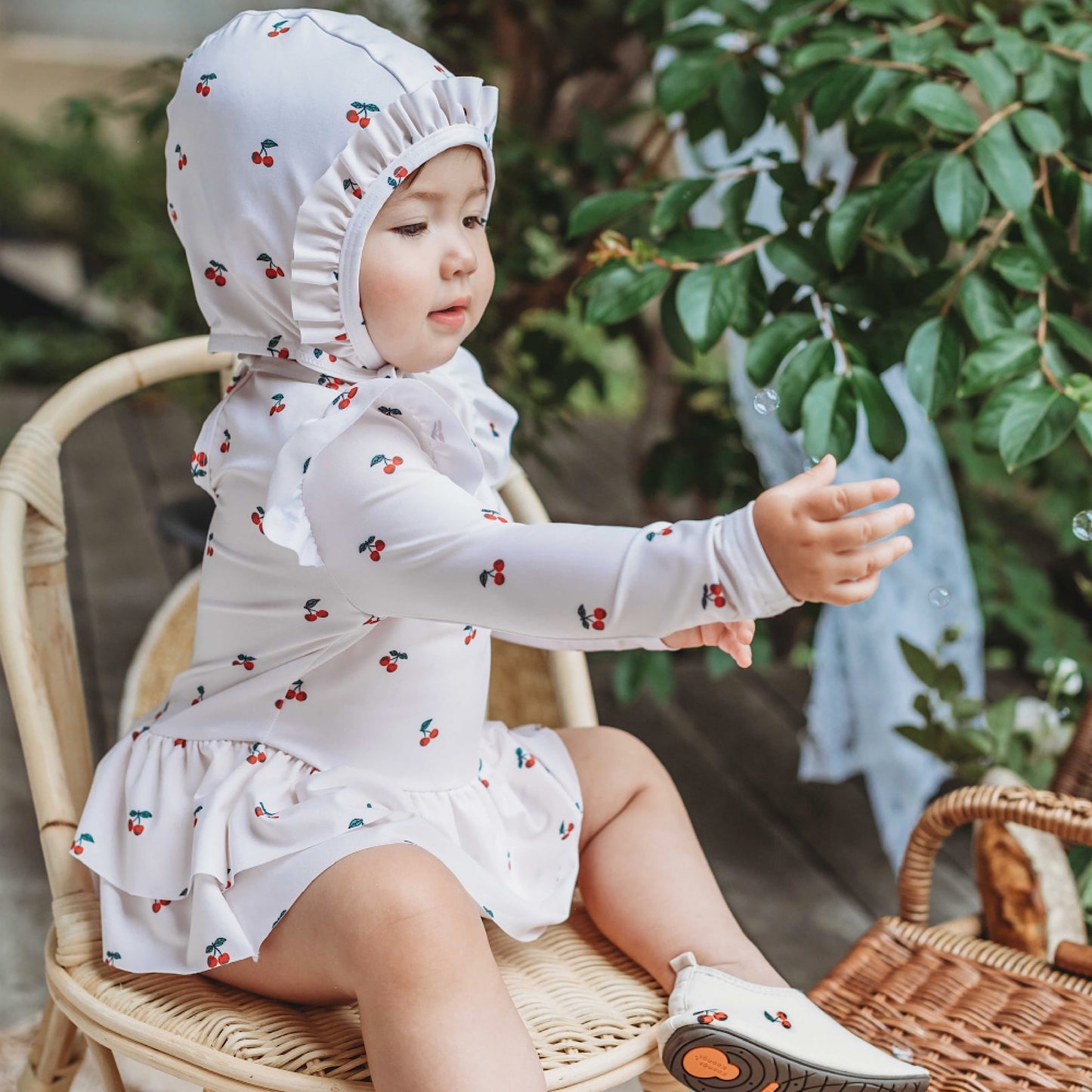 (Pre-order) KoongsKoongs Kids’ Premium Le Cherry Ruffle Rash Guard Dress Set (Ivory)