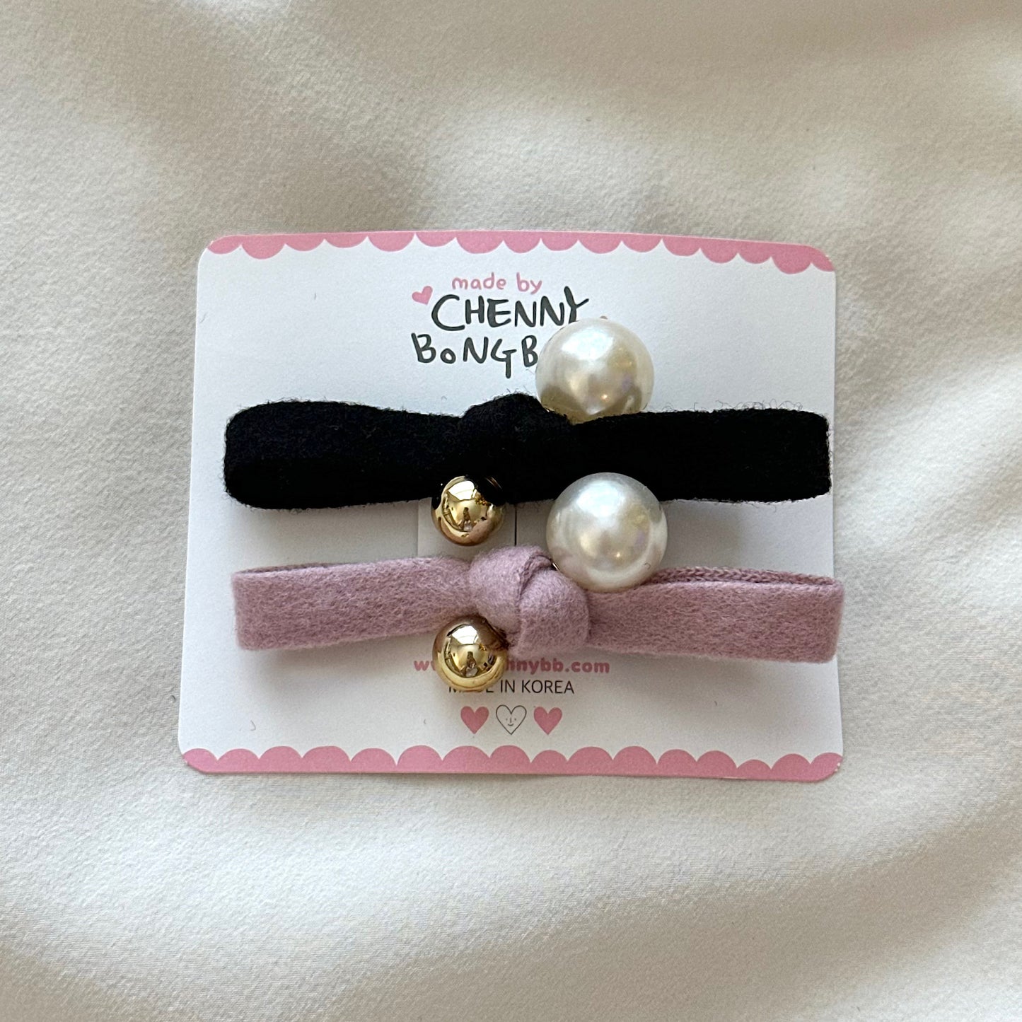 (Chenny Bong Bong) Kids’ Black Pink Winter Ribbon Hair Clip 2-Piece Set