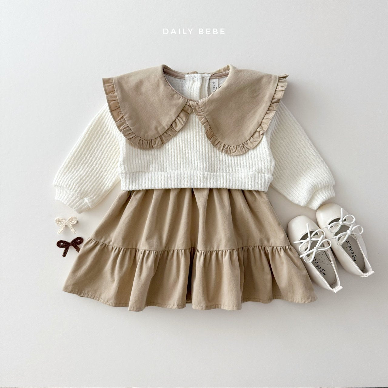 (Pre-order) Daily Bebe - Kids' Knit Collar Layered Dress 니트 배색 원피스 (2 Colors)