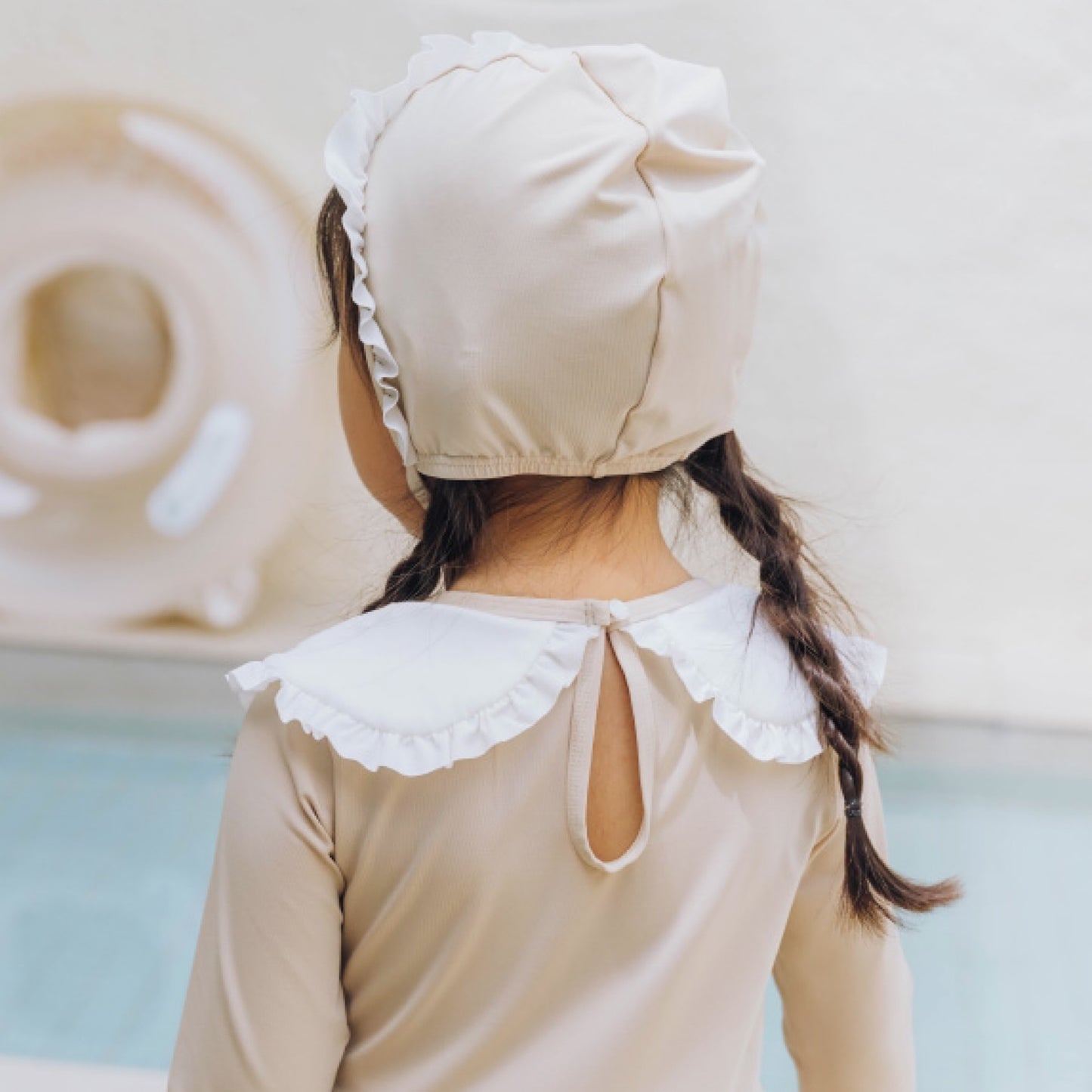 (Pre-order) KoongsKoongs Kids’ Premium Chouchou Ruffle Rash Guard Dress Set (Ivory)