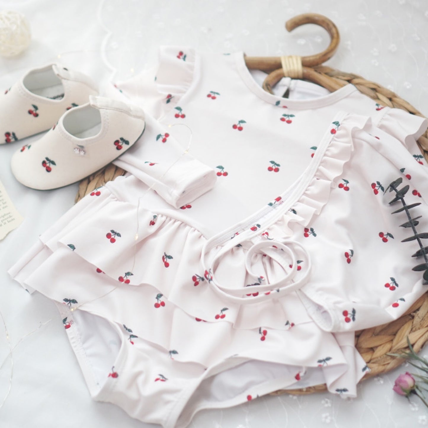 (Pre-order) KoongsKoongs Kids’ Premium Le Cherry Ruffle Rash Guard Dress Set (Ivory)