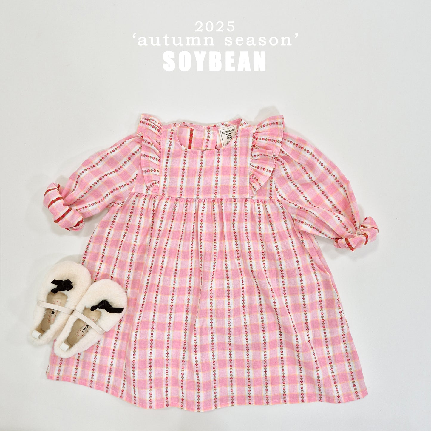 (Pre-order) Soybean Kids - Check Flower Embroidery Dress 체크플라워원피스 (2 Colors)