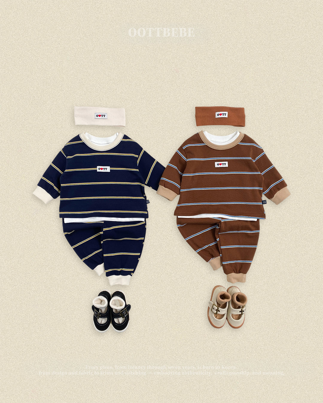 (Pre-order) OOTTBEBE Fall - Rookie Stripe Top & Bottom Set - 루키단가라상하복 (2 Colors)