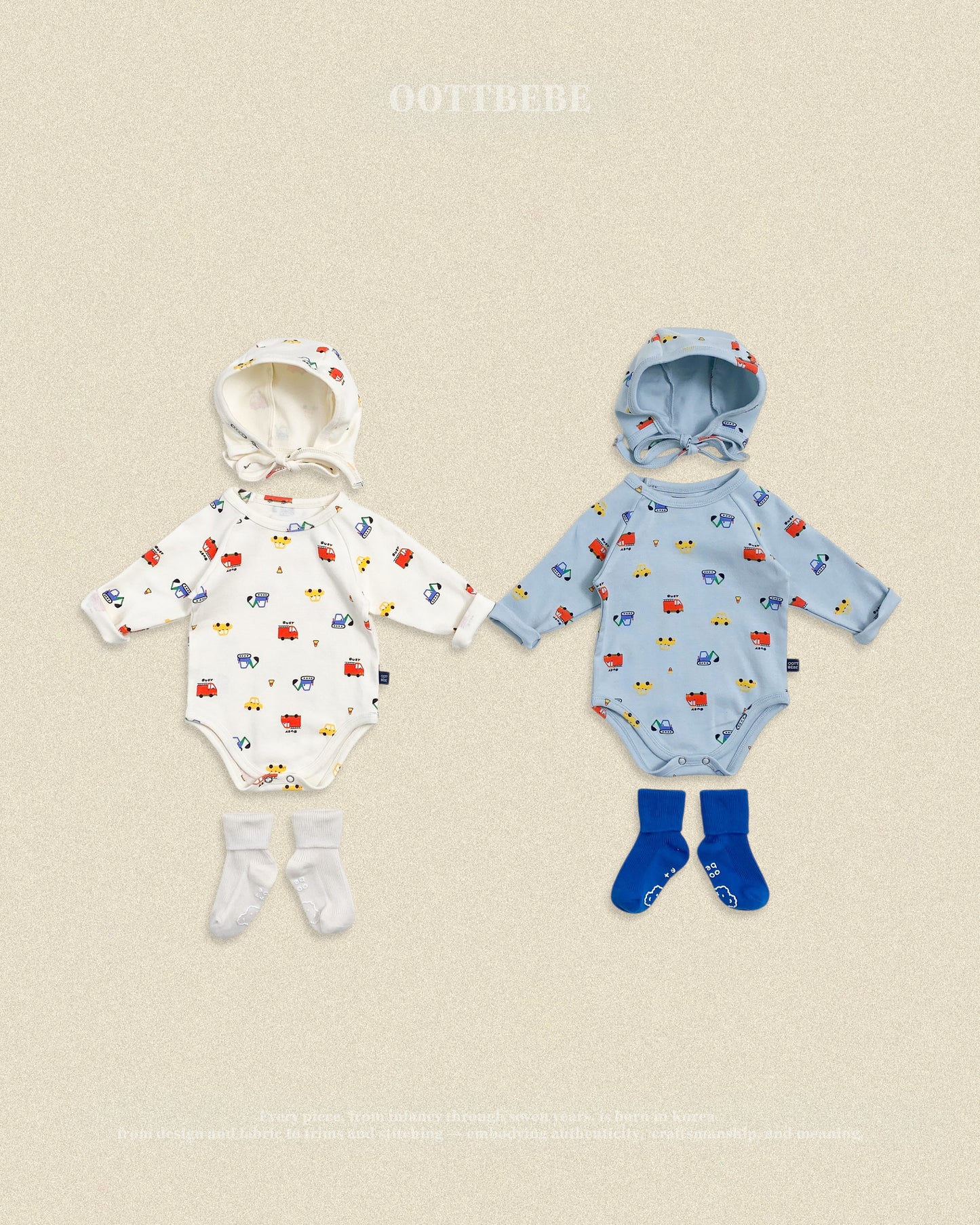 (Pre-order) OOTTBEBE Fall - Cute Car Romper & Bonnet Set 자동차슈트세트 (2 Colors)