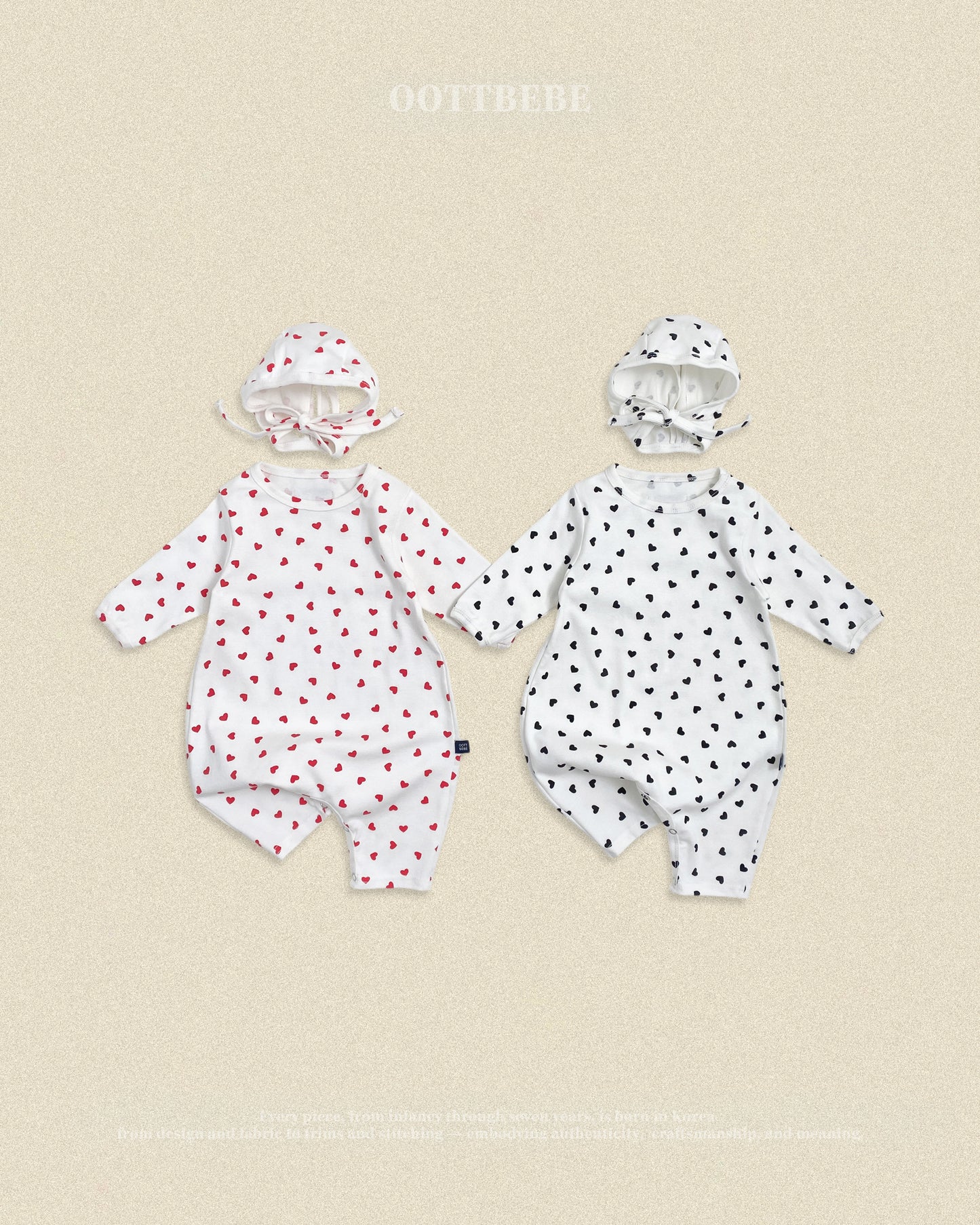 (Pre-order) OOTTBEBE Fall - Petite Heart Romper & Bonnet Set 쁘띠하트슈트세트 (2 Colors)