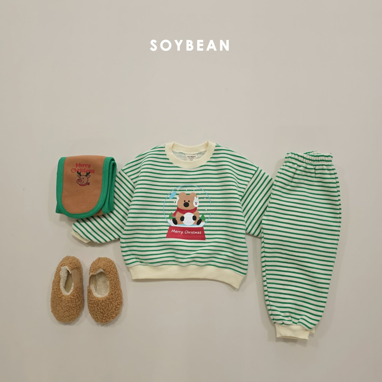 (Pre-order) Soybean Kids Winter - Snowball Stripe Fleece-Lined Top & Bottom Set 스노우볼단가라상하 (3 Colors)