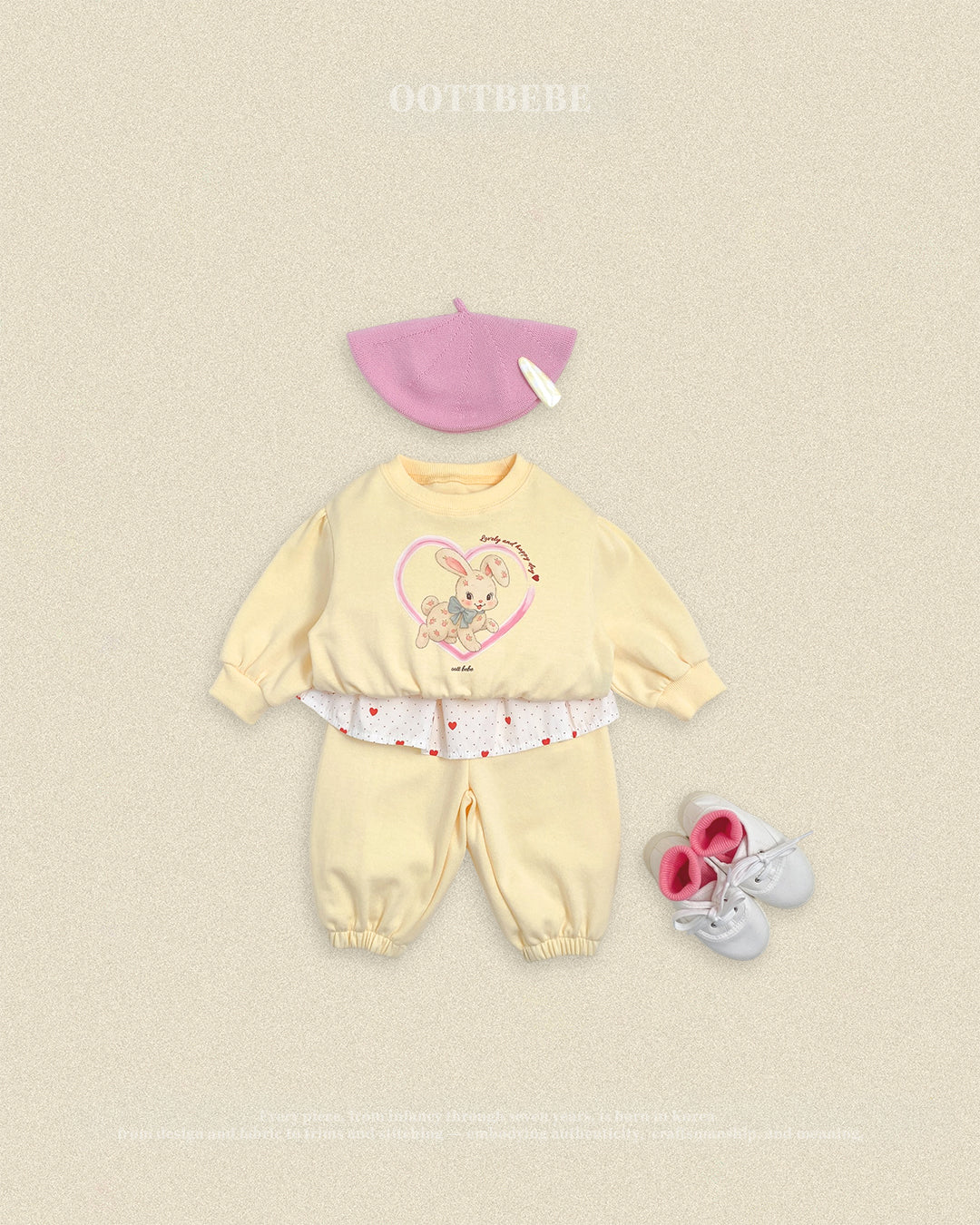 (Pre-order) OOTTBEBE Fall - Cutie Rabbit Top & Bottom Set - 큐티레빗상하복 (2 Colors)