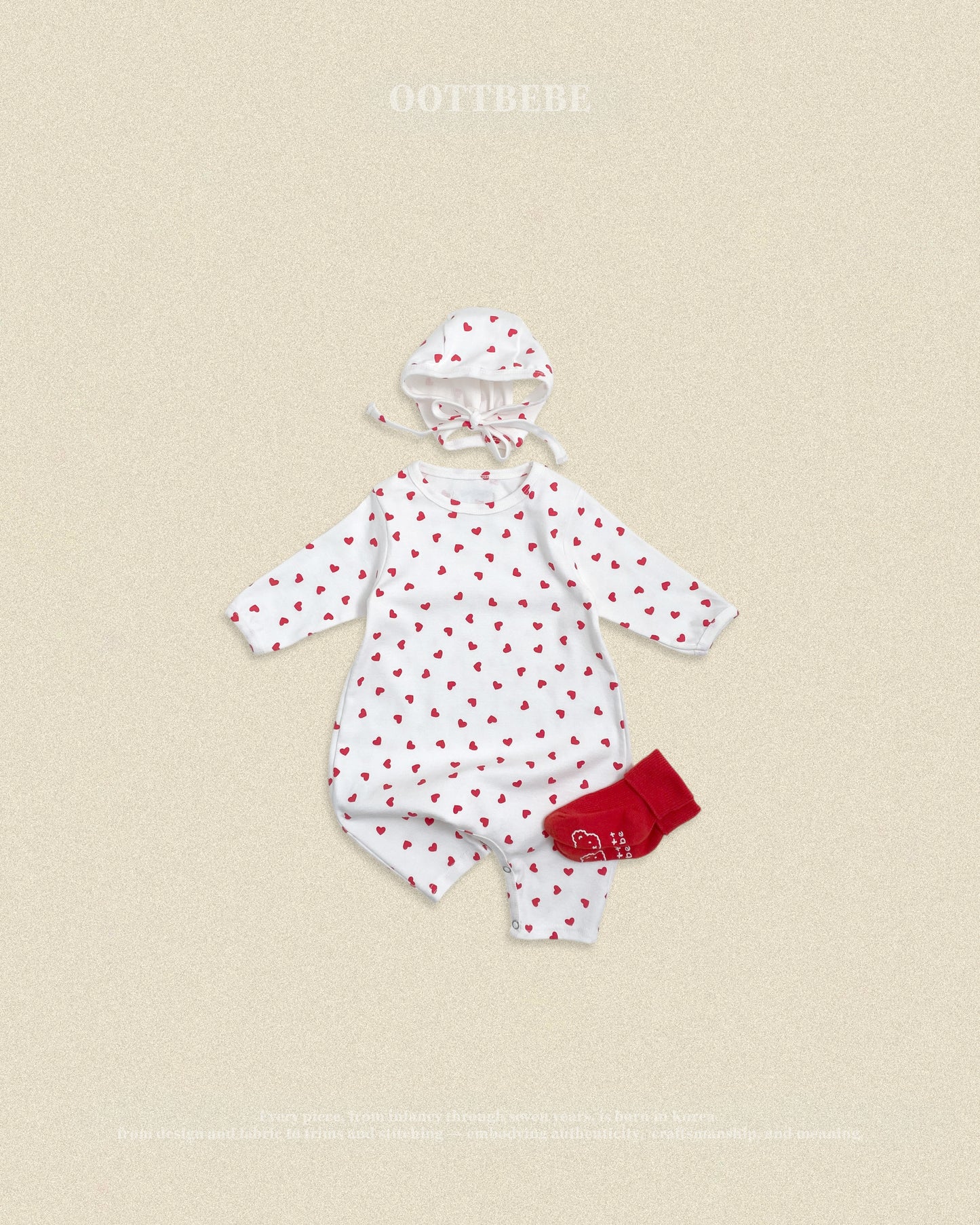 (Pre-order) OOTTBEBE Fall - Petite Heart Romper & Bonnet Set 쁘띠하트슈트세트 (2 Colors)