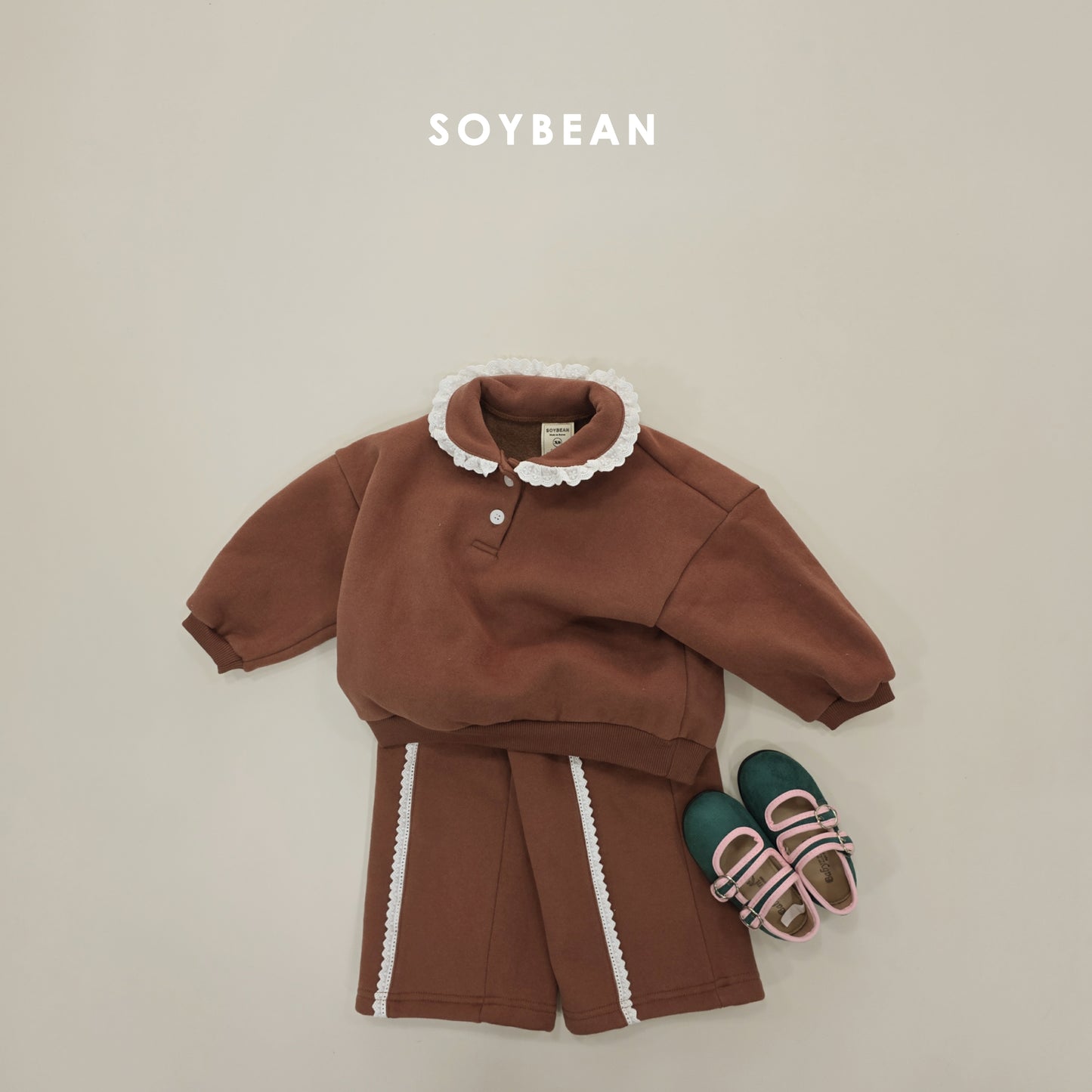 (Pre-order) Soybean Kids Winter - Collar Frill Fleece-Lined Top & Bottom Set 카라프릴양기모상하 (2 Colors)