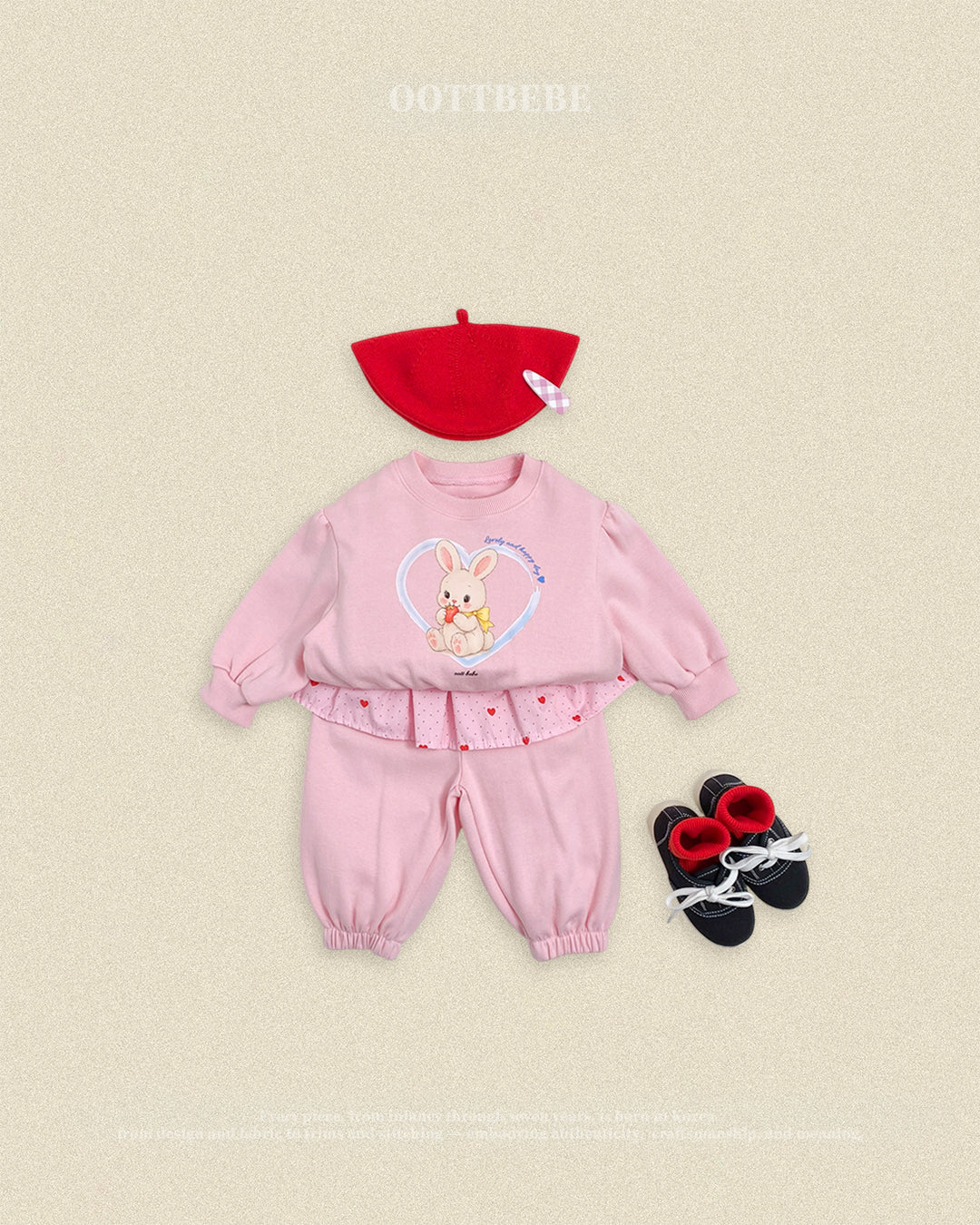 (Pre-order) OOTTBEBE Fall - Cutie Rabbit Top & Bottom Set - 큐티레빗상하복 (2 Colors)