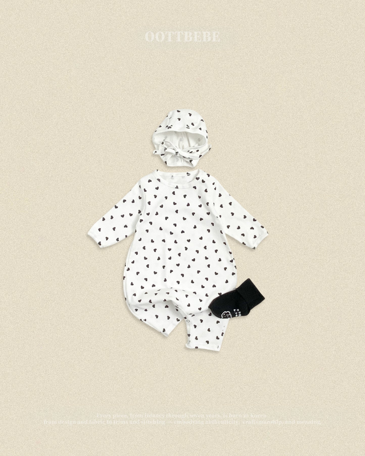 (Pre-order) OOTTBEBE Fall - Petite Heart Romper & Bonnet Set 쁘띠하트슈트세트 (2 Colors)