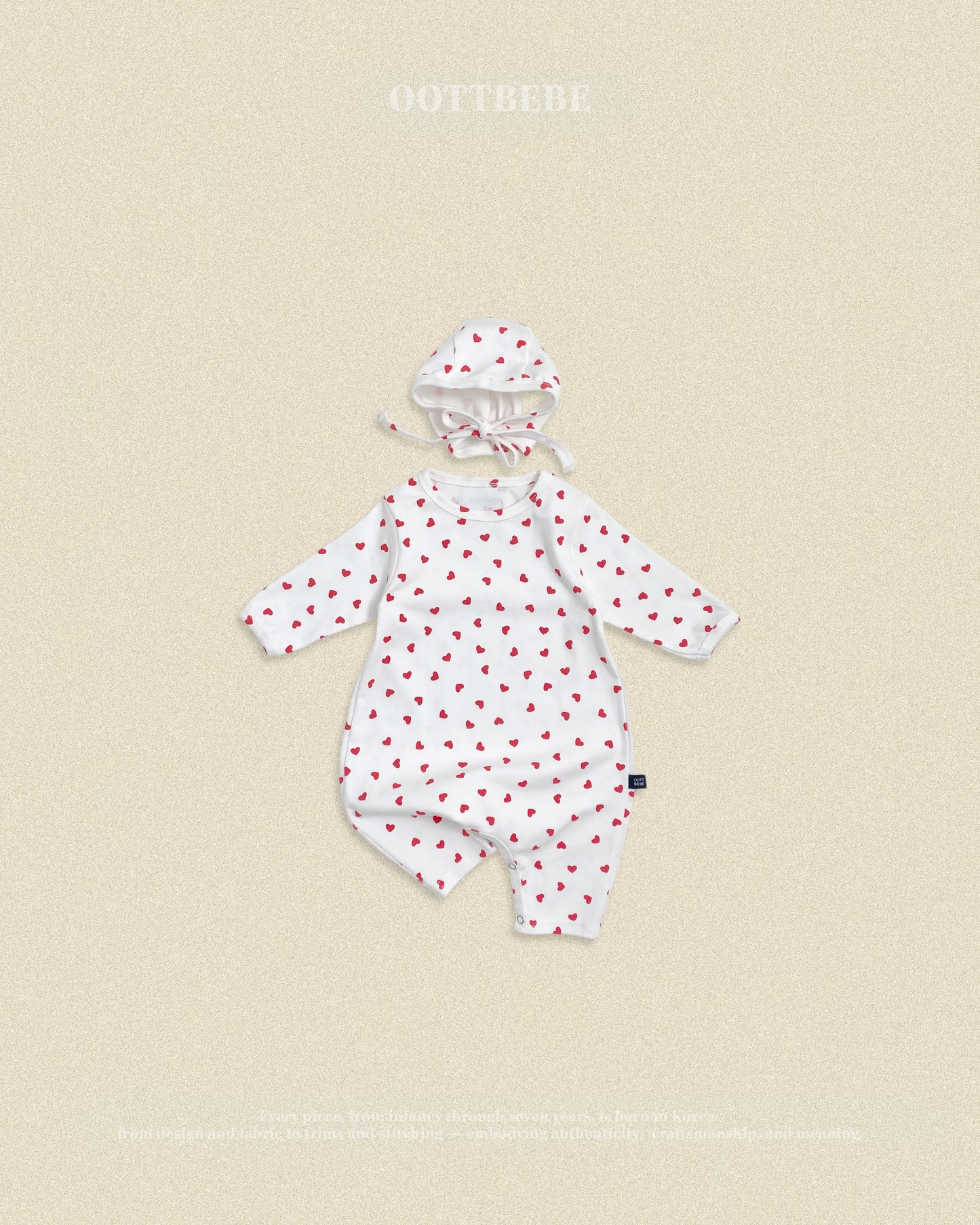 (Pre-order) OOTTBEBE Fall - Petite Heart Romper & Bonnet Set 쁘띠하트슈트세트 (2 Colors)