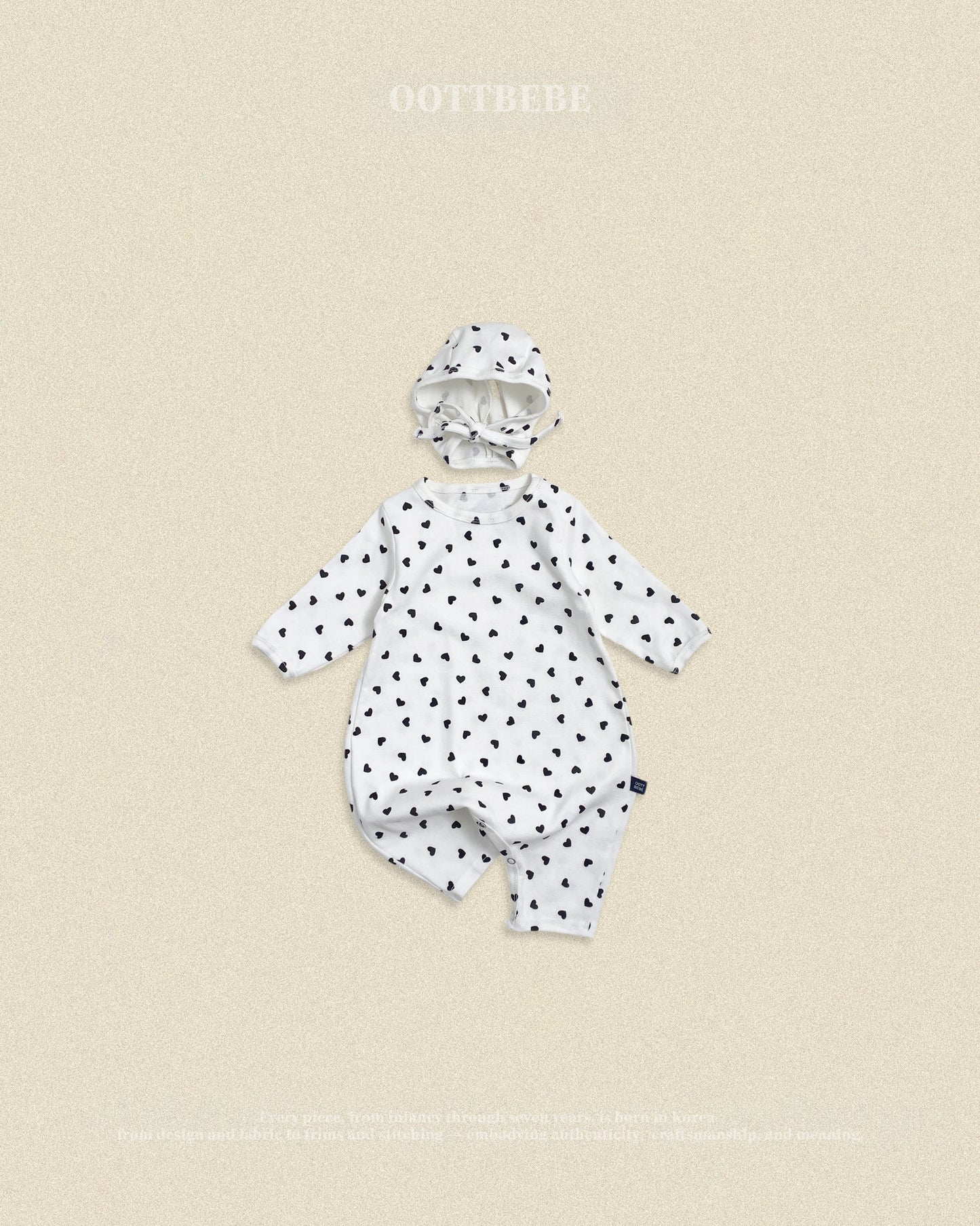 (Pre-order) OOTTBEBE Fall - Petite Heart Romper & Bonnet Set 쁘띠하트슈트세트 (2 Colors)