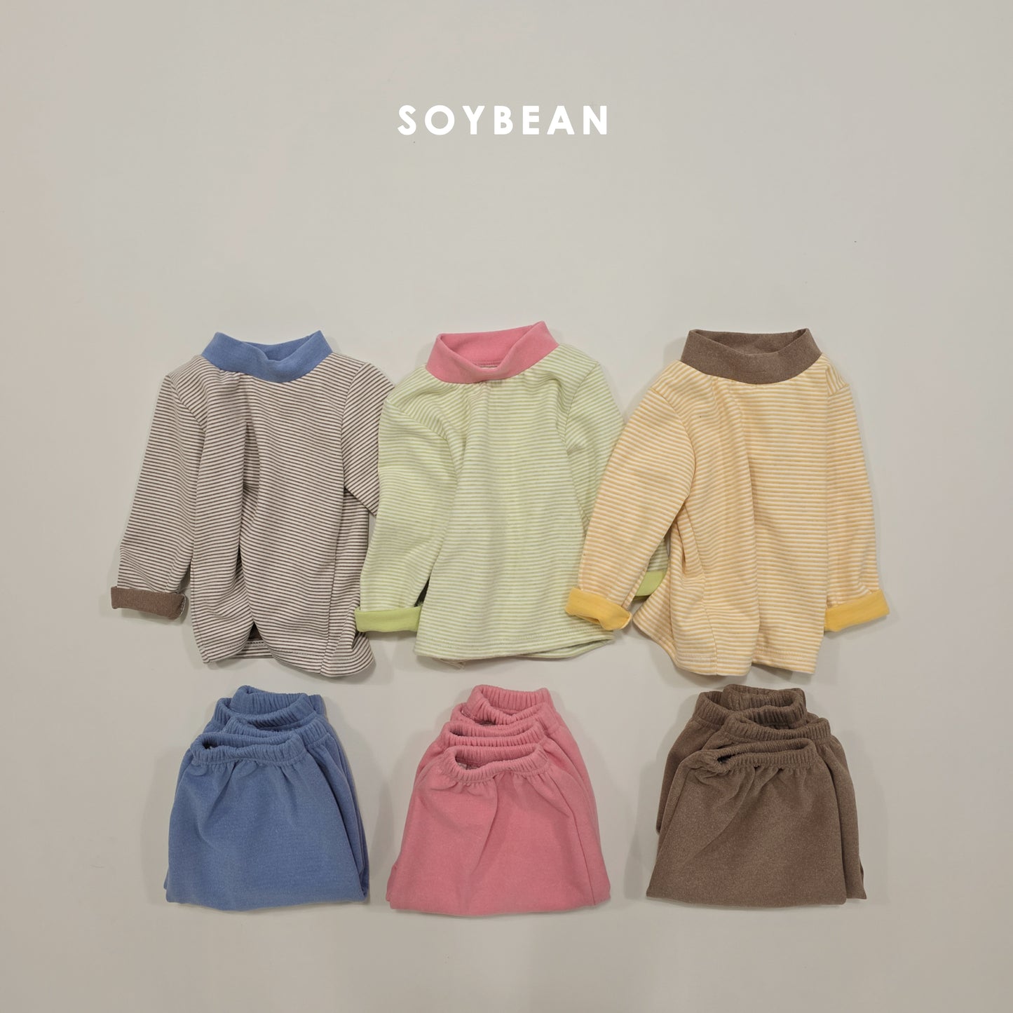 (Pre-order) Soybean Kids Winter - Bong Bong Stripe Fleece-Lined Top & Bottom Set 봉봉단가라상하 (3 Colors)
