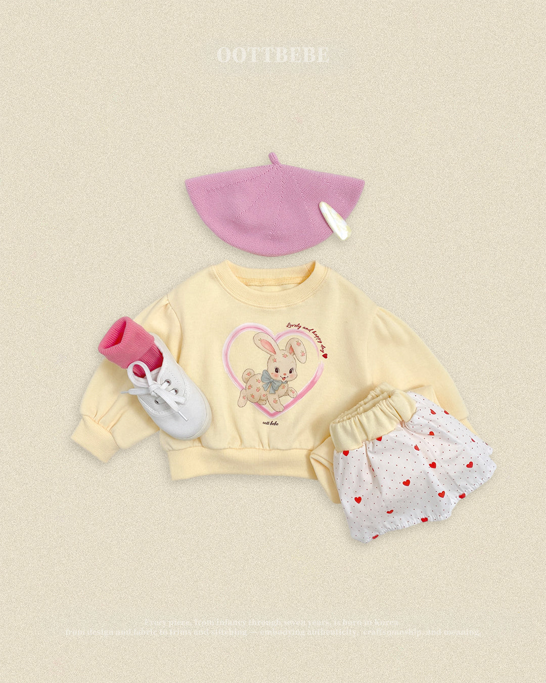 (Pre-order) OOTTBEBE Fall - Cutie Rabbit Top & Bottom Set - 큐티레빗상하복 (2 Colors)