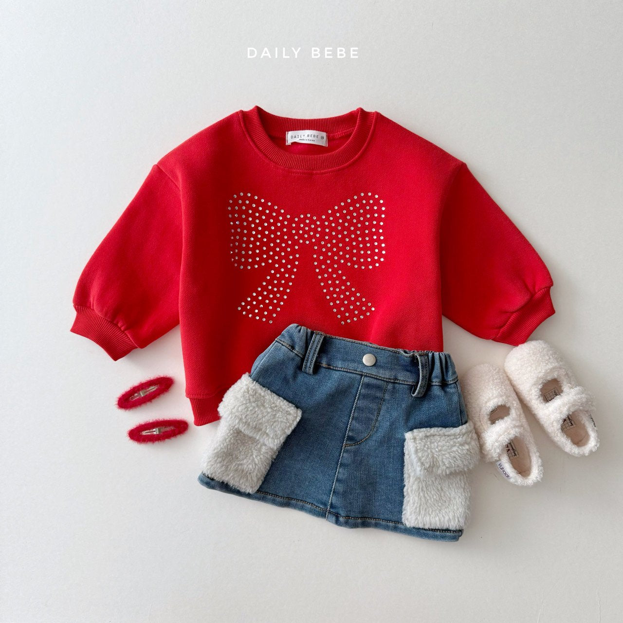 (Pre-order) Daily Bebe - Kids’ Ribbon Cubic Sweatshirt 리본 큐빅 맨투맨 (2 Colors)